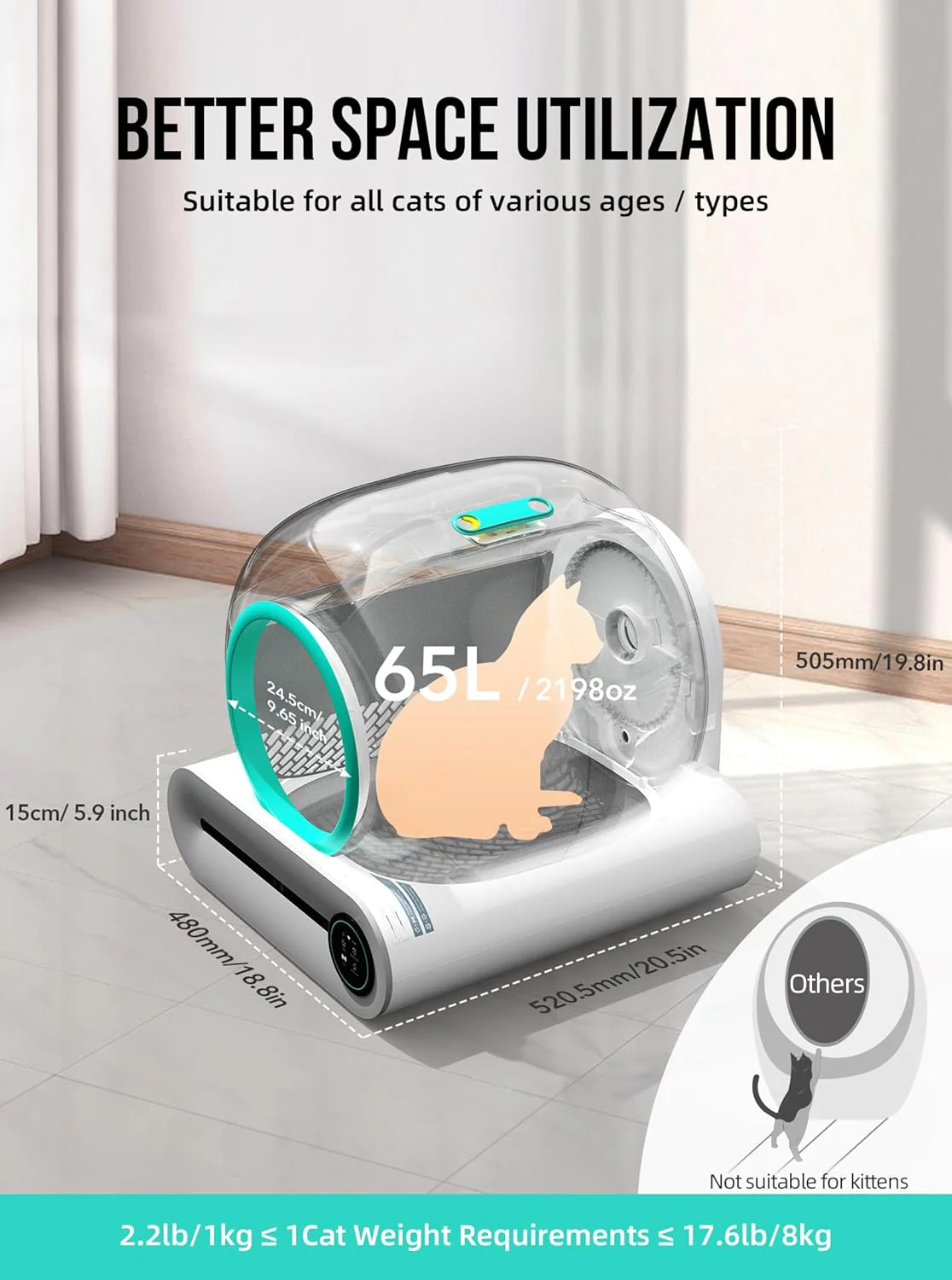 Selbstreinigende Katzentoilette, Automatische Katzentoilette mit Matte und Einlagen, 65 l + 9 l gro?e Kapazit?t, Selbstreinigende Katzentoilette, App-Steuerung/Geeignet f��r mehrere Katzen �C Grau