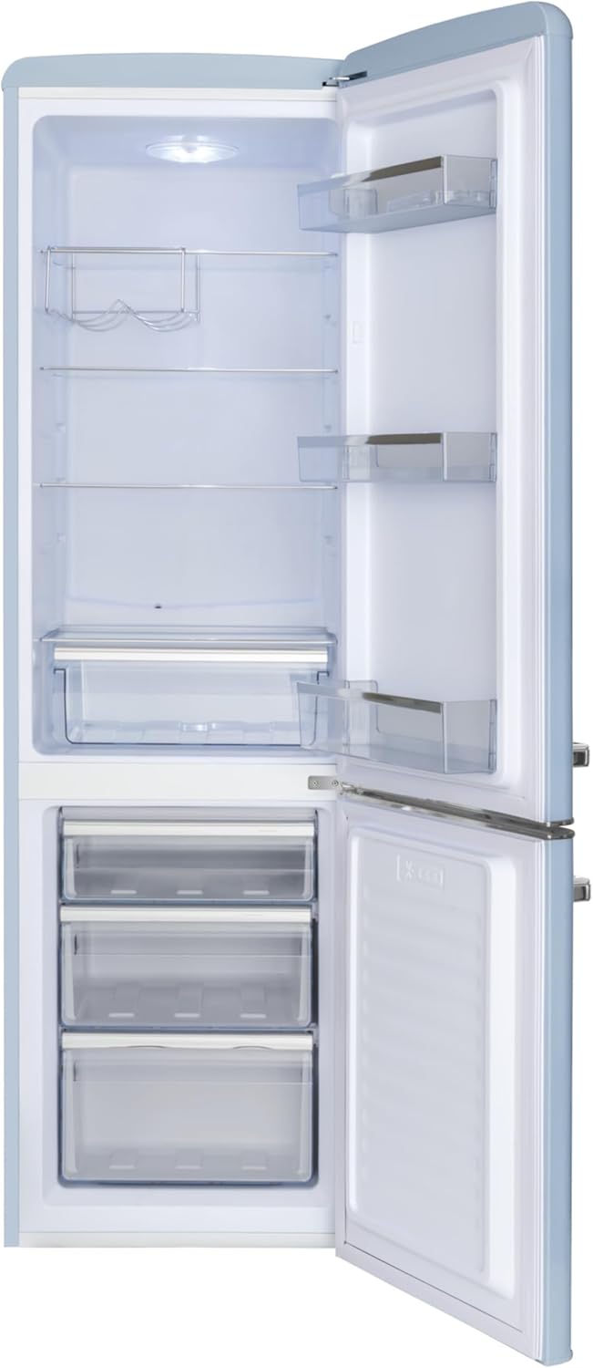 Amica KGCR 387 100 L Retro Kühl-/Gefrierkombination / Baby Blue (Hellblau) / 181cm (H) x 55cm (B) x 62cm (T) / Retro-Design / Kühlschrank mit Gefrierfach
