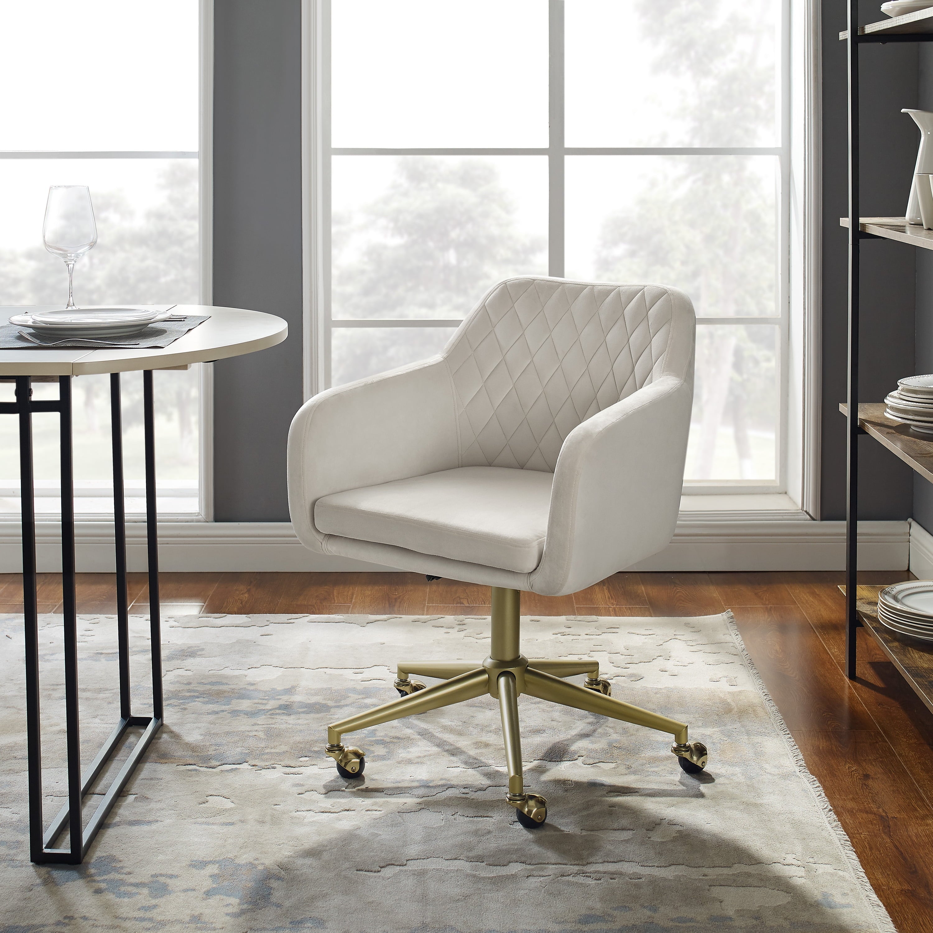Linon Abram Task Chair with Adjustable Height & Swivel, 275 lb. Capacity, Off White Velvet Fabric