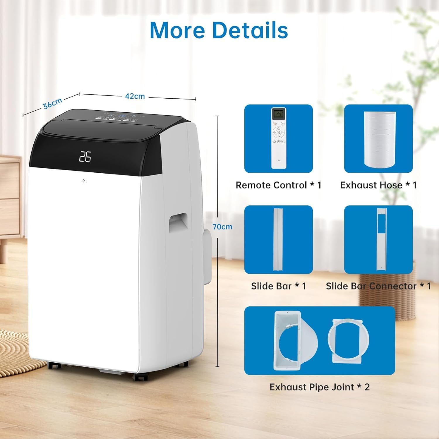 Leises 4-in-1 Mobiles Klimagerät 12000 BTU | Kühlen/Ventilieren/Entfeuchten/Follow-Me | Für Räume Bis 43–51㎡ Abluftschlauch+Digitaldisplay+Fernbedienung+24h-Timer