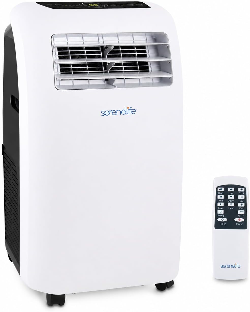 SereneLife Aire Acondicionado Portátil, con Mando a Distancia, 9.000 BTU, Móvil, Calefactor, Silencioso, Deshumidificador, Ventilador, Kit Escape Ventana, Ideal para Todo el año