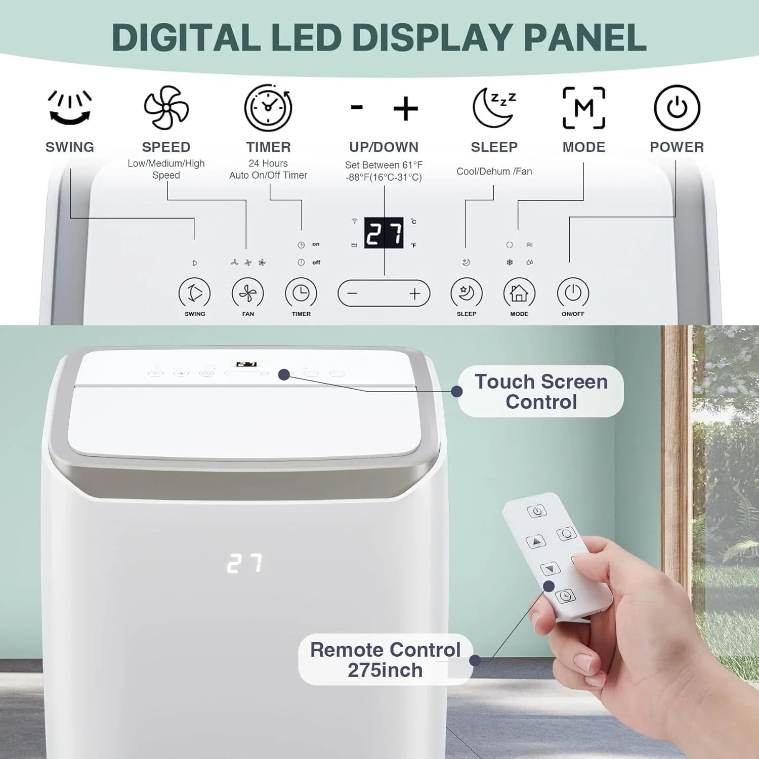 Aires acondicionados portátiles, AC portátil de 12000 BTU para habitaciones de hasta 550 pies cuadrados, AC 3 en 1 con enfriamiento rápido, deshumidificador y ventilador de tres velocidades, temporizador de 24 h/control remoto/ultra silencioso para