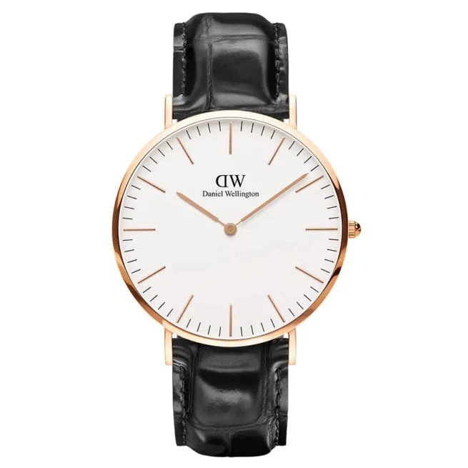 Daniel Wellington Reading 36mm White Dial Black Genuine Leather Gold Watch - DW00100041