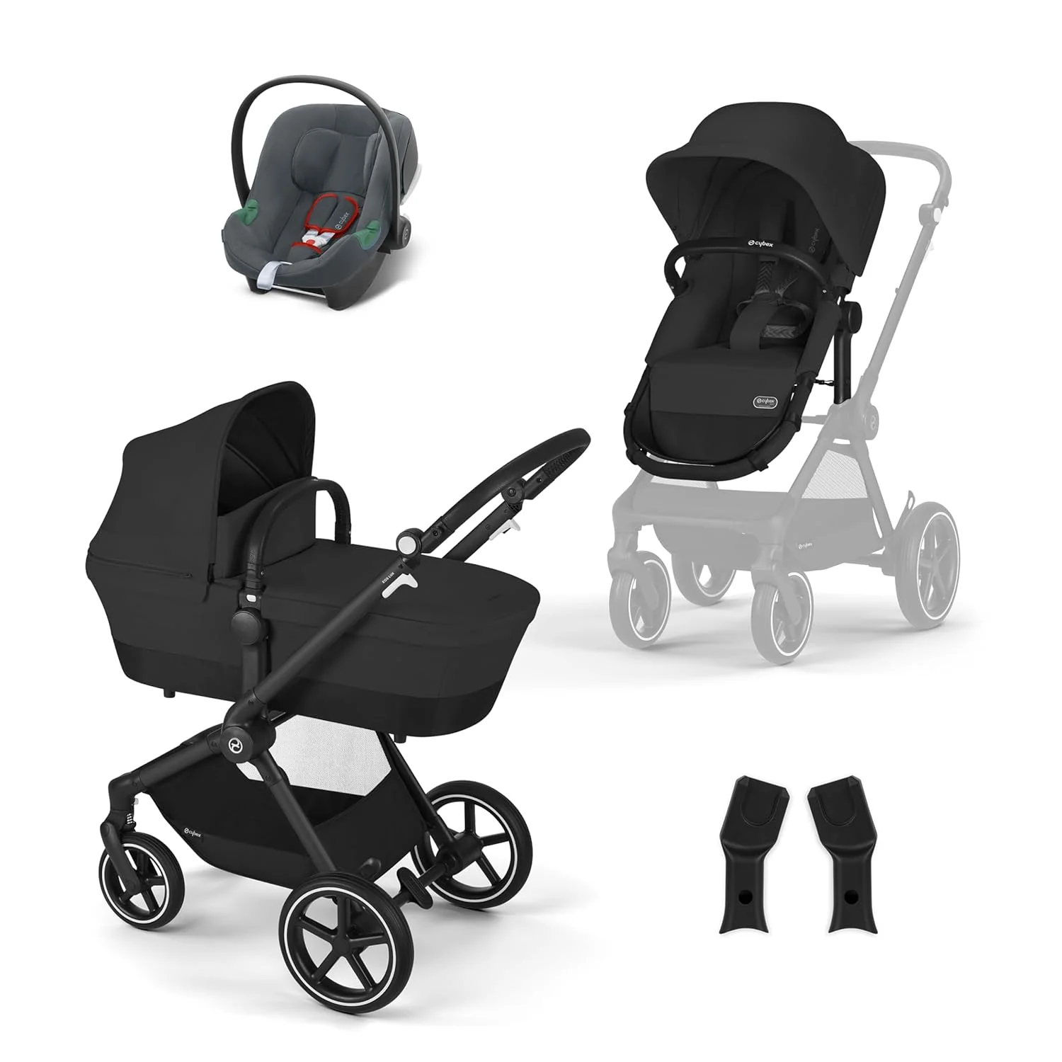 CYBEX Gold Kinderwagen EOS Lux 2-in-1 mit Babyschale Aton B2 i-Size und Babyschalen-Adapter, Reisesystem, Ab Geburt bis 22 kg (ca. 4 Jahre), Moon Black (Schwarz)
