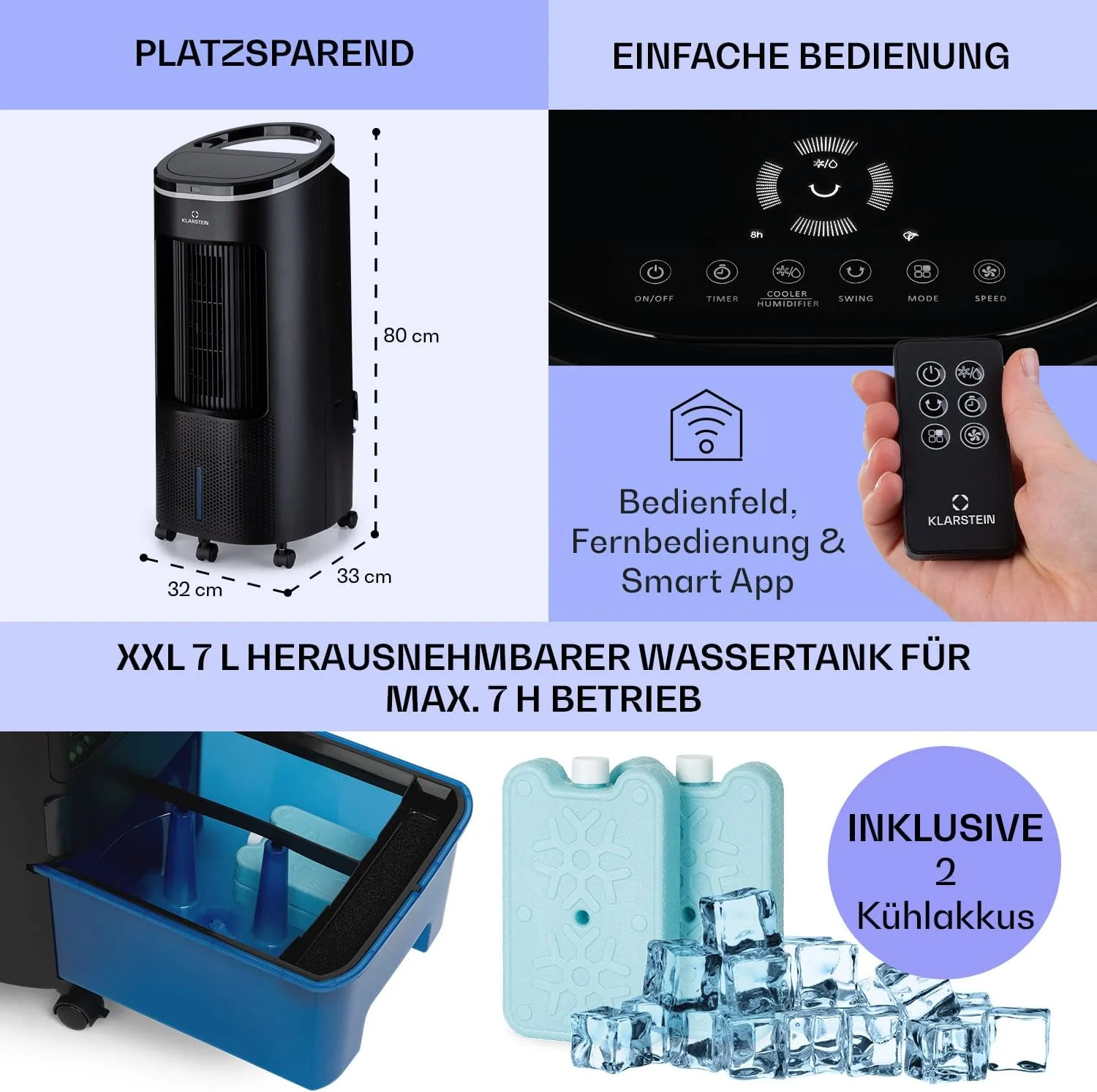 Klarstein Luftk��hler mit Wasserk��hlung, Leiser 4-in-1 Verdunstungsk��hler, Luftbefeuchter, Ventilator & Nachtmodus, Mobile Klimager?te Luftk��hler 7L, 65W Air Cooler, 330m3/h K��hlender Luftstrom