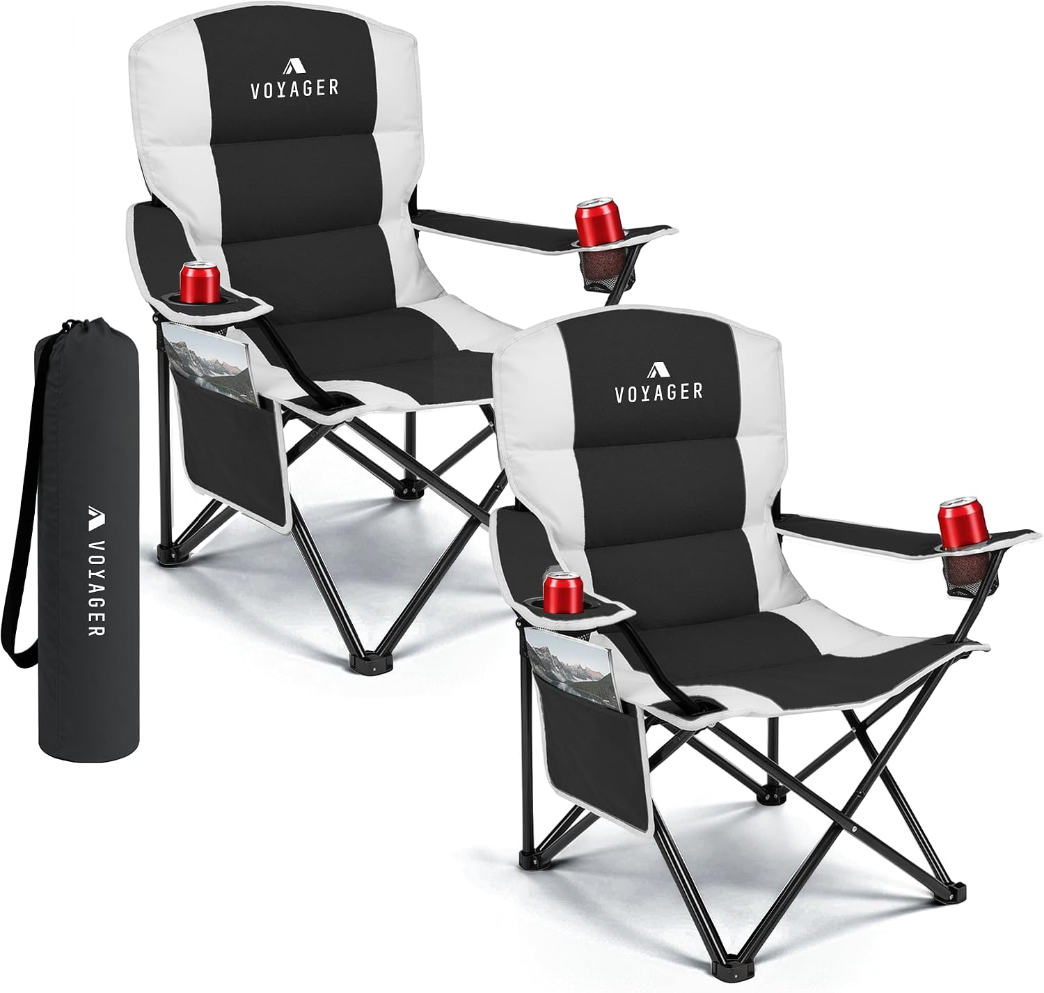 Voyager Folding Camping Chairs 2 Pack with Cooler Bag, Lightweight Q195 Steel Frame, 600D Oxford Fabric, Portable & Comfortable - Black (Black, Padded)