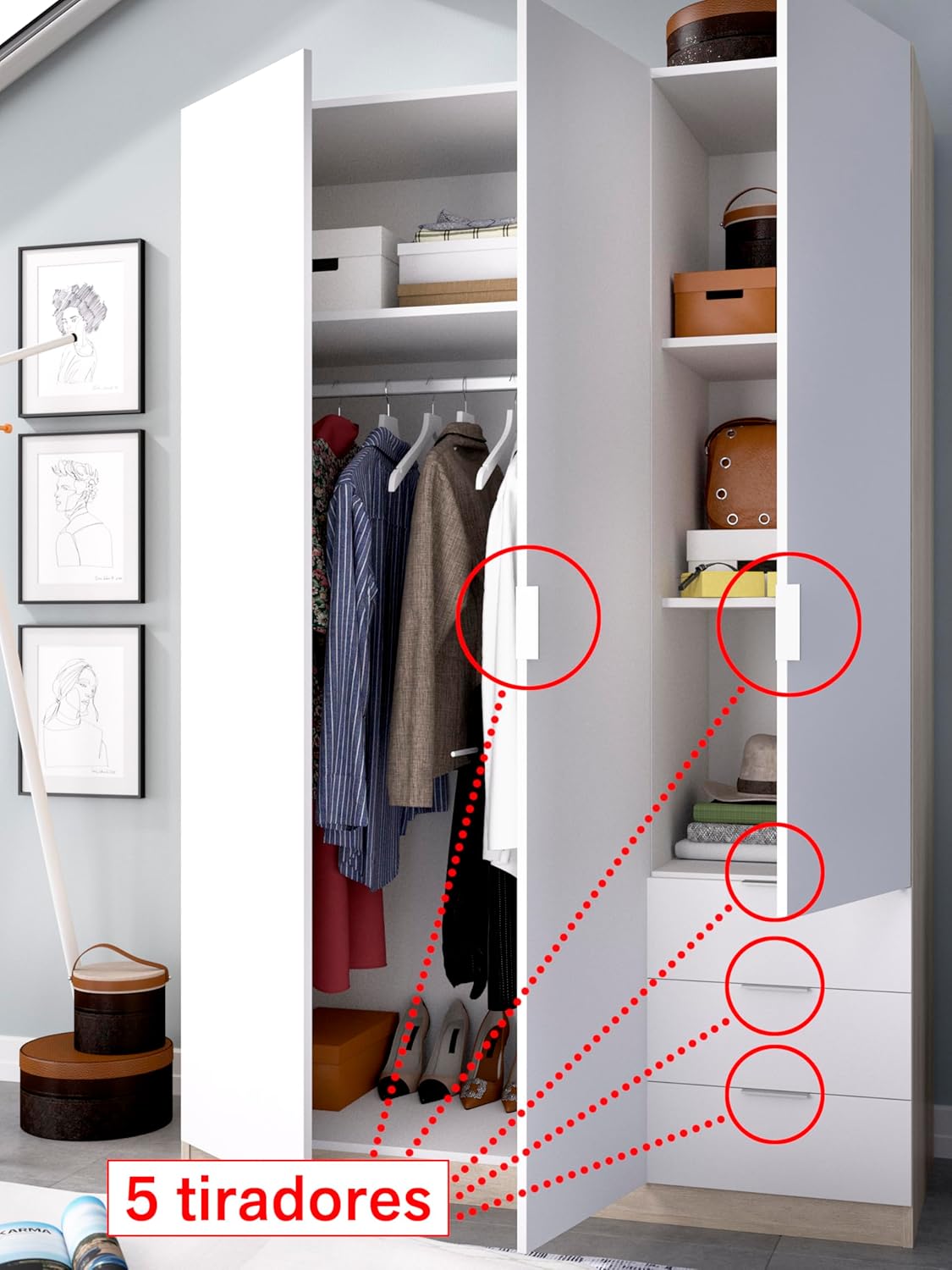 DEKIT GRUPO RIMOBEL Wardrobe with 3 Doors and 3 Drawers, Large Capacity, Natural/White, 121 x 184 x 52 cm
