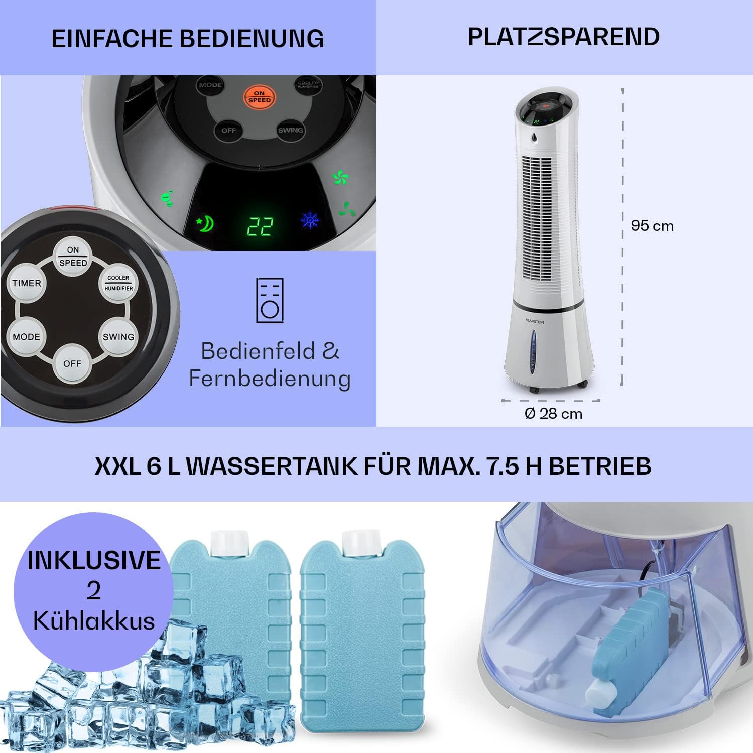 Klarstein 4-in-1: Smart Luftkühler, Ventilator, Luftbefeuchter & Ionisation I 6 L Wassertank, Oszillation, 30 W, 210 m³/h, Timer I Klimagerät ohne Abluftschlauch, Mobiles Klimagerät, Schwarz-Rosegold