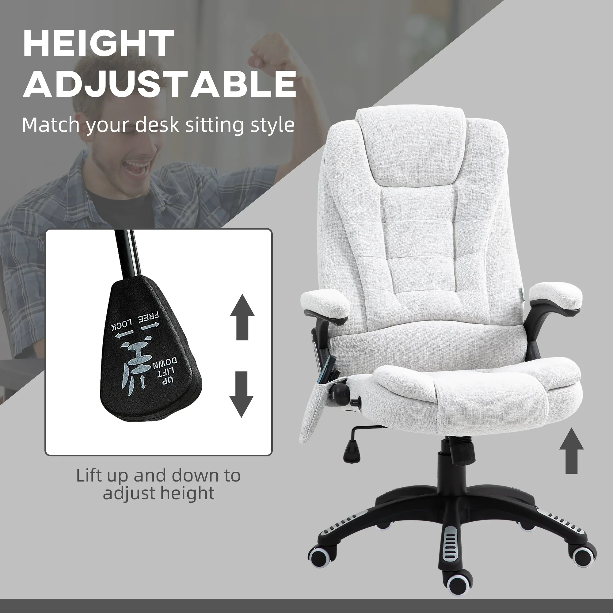 Silla de Oficina Ergonómica con Masaje de 6 Puntos y Calefacción en la Espalda, Tela Tipo Lino, Blanco Crema