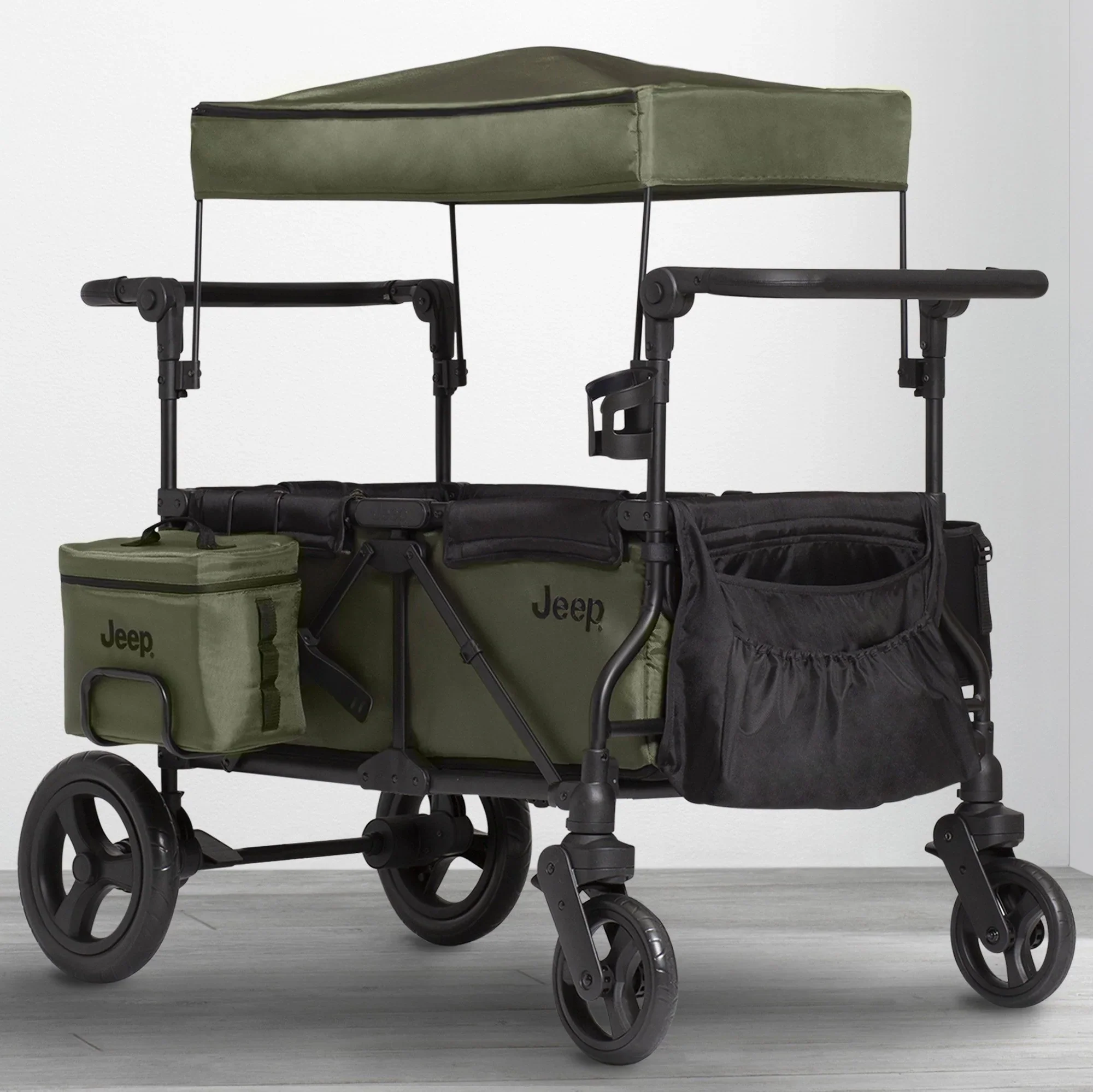 Carrito-Paseador Jeep Wrangler Deluxe – 2 Asientos con Arnés de 5 Puntos, Bolsa Térmica, Capota Anti-UV, Amplio Almacenamiento, Ruedas Todo Terreno Antipinchazos, Manillares Ajustables