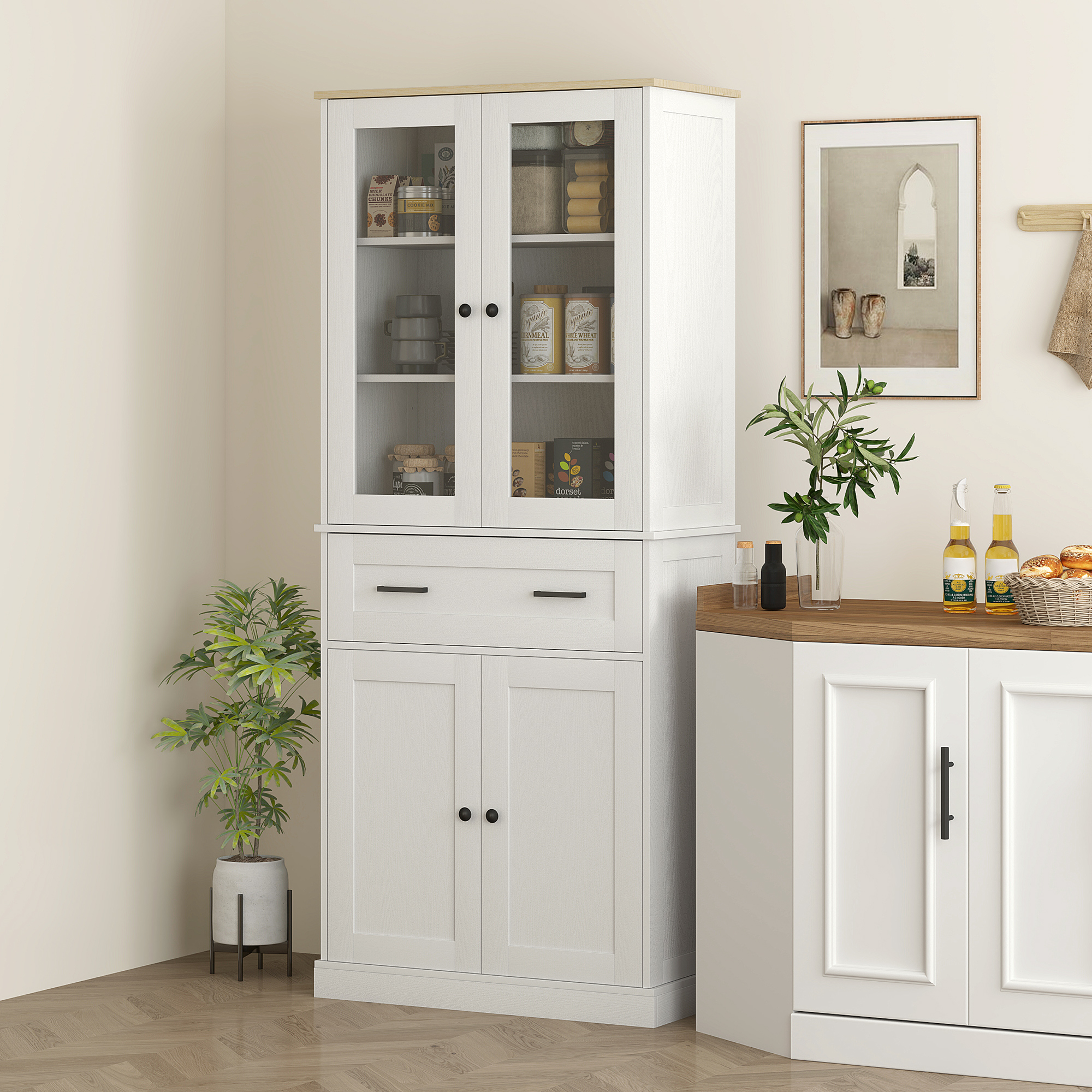 HOMCOM Keukenkast, Buffet, Acrylfront, Lades, 76 x 40 x 182,5 cm, Crèmewit