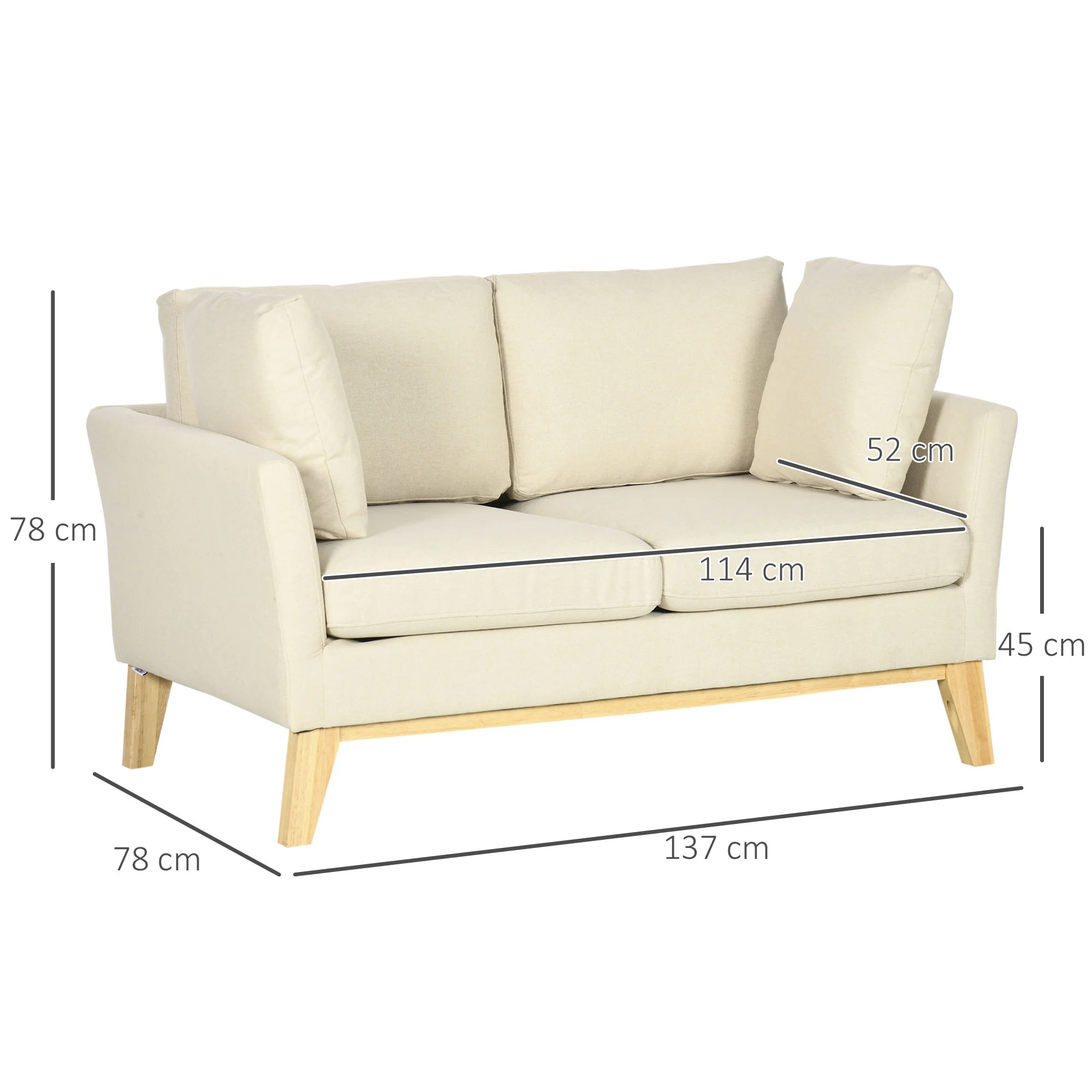 HOMCOM 2-zitsbank, Scandinavisch design, 2 sierkussens, frame van natuurlijk hout, beige, 137 x 78 x 78 cm