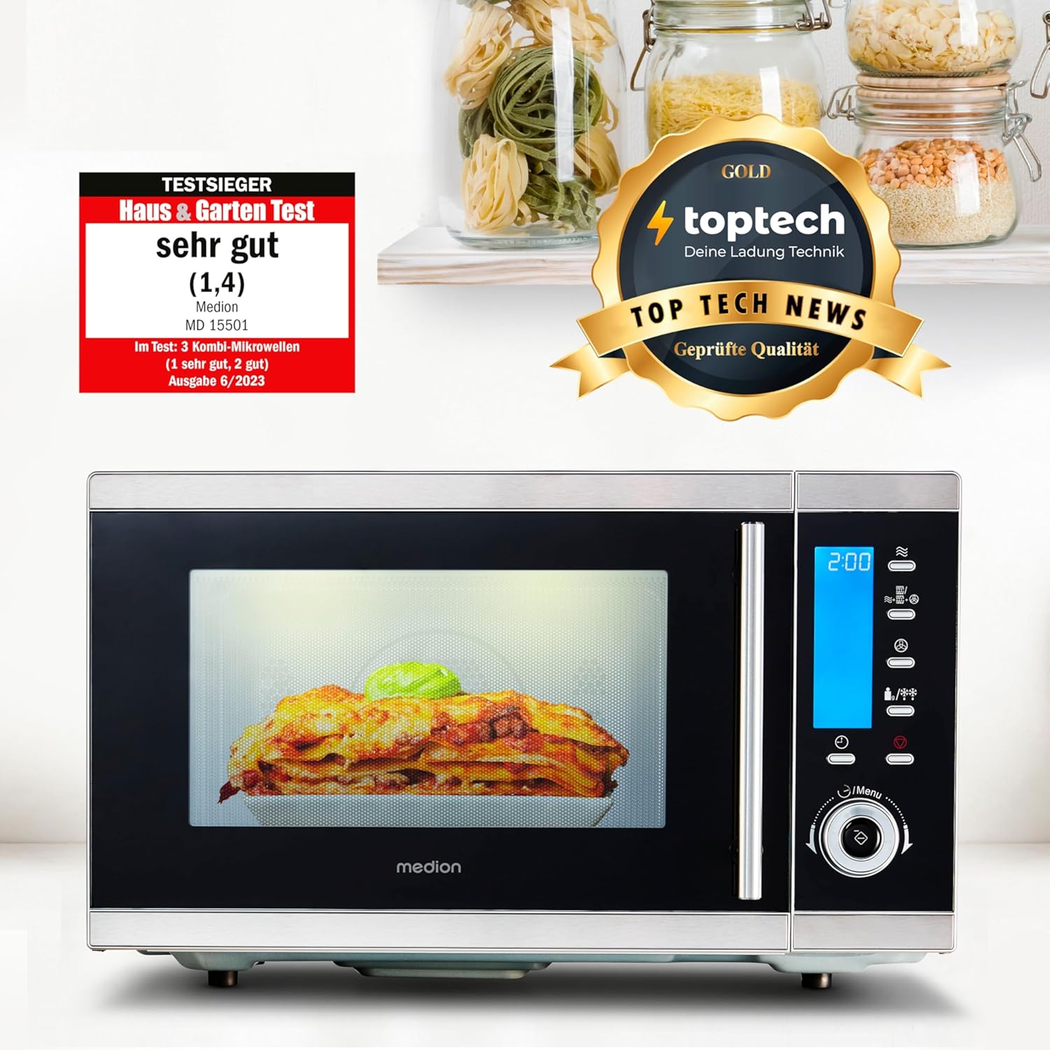 MEDION MD 15501 4 in 1 Mikrowelle mit Grill (25 Liter, 900 Watt, 1100 Watt Grill, 2500 Watt Heißluft, 10 Automatik-Programme) silber