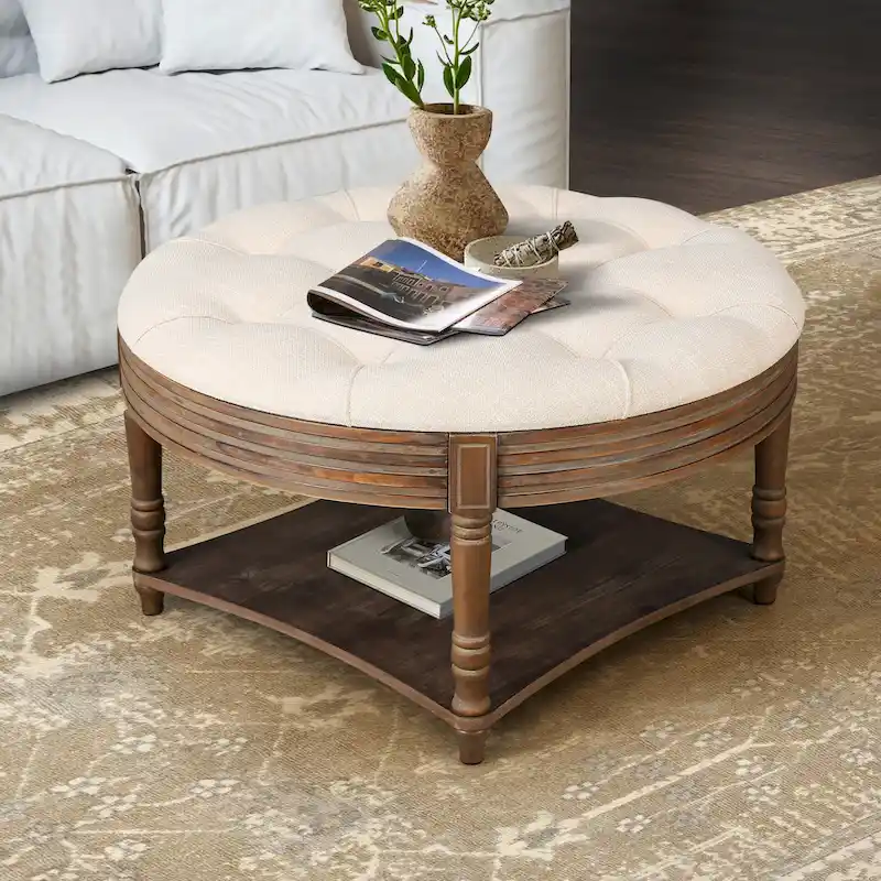 Spacious Round Waterproof Ottoman Coffee Table - 2-Tier Oversized Button-Tufted Design with Wooden Upholstery