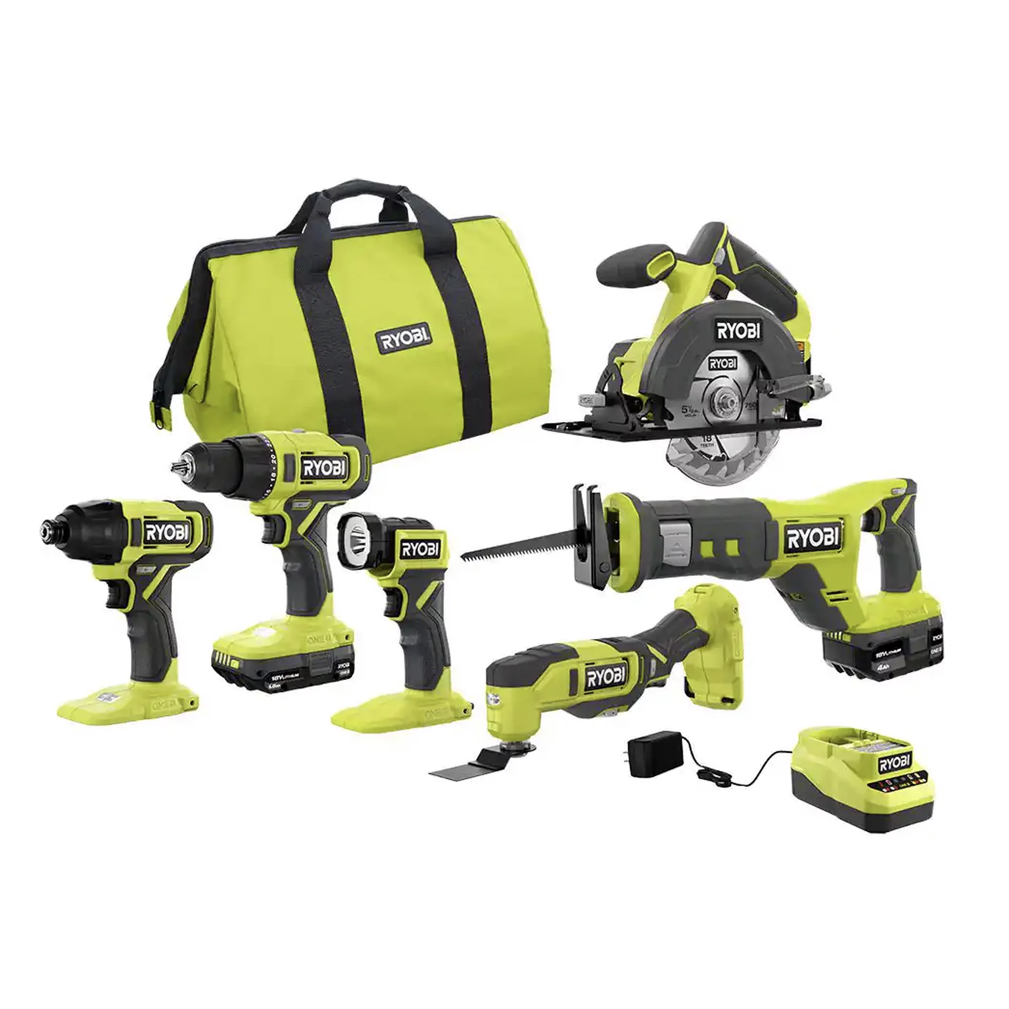 RYOBI ONE+ 18V Cordless 6-Tool Combo Kit with Drill, Impact Driver, Saw, Multi-Tool & LED Light
