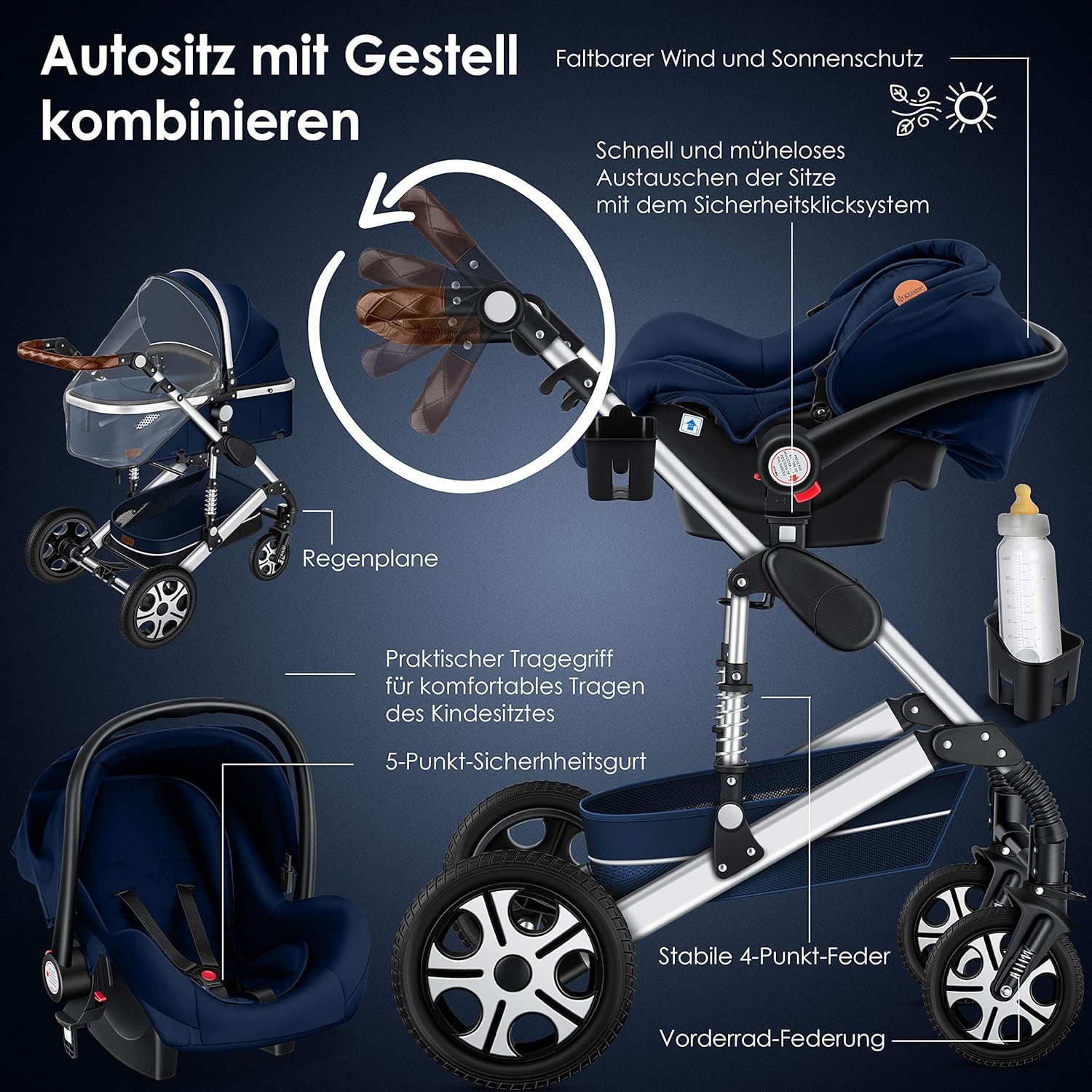 KESSER® Loops 3 in 1 Kinderwagen Kombikinderwagen Komplett-Set inkl. Babywanne & Buggy Sportsitz & Auto-Babyschale Voll-Gummireifen Wickeltasche Regenschutz Kindertisch ECE R129, Grau/Silber