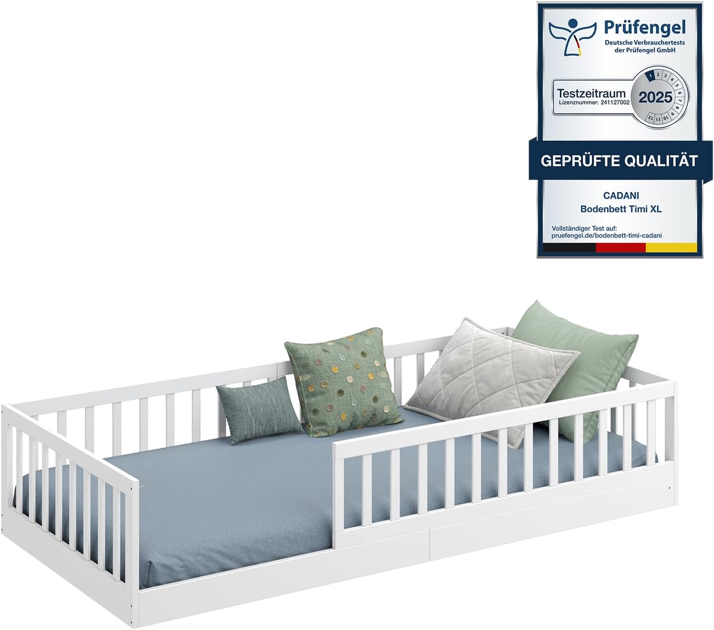 CADANI Timi 2in1 Bodenbett 140x200 cm Montessori Kinderbett mit abnehmbaren Rausfallschutz inkl. Lattenrost, Kiefer Massivholz, weiß - 3 Aufbauvarianten, bis 200 kg belastbar, umbaubar