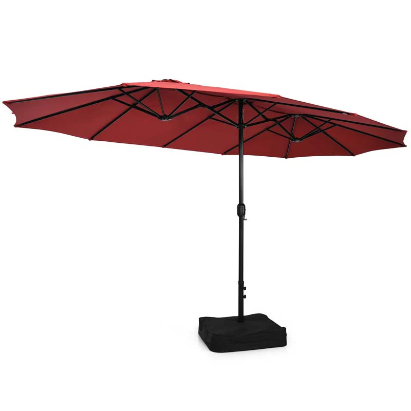 10Pcs Patio Rattan Dining Set with 15FT Double-Sided Umbrella, Heavy Duty Acacia Wood Table & Stackable Wicker Chairs