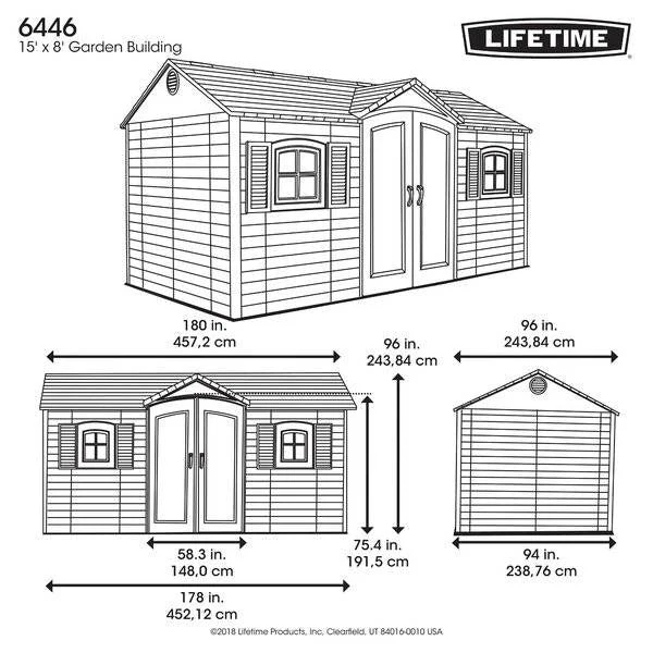 2025 Side entrance, 4.57 m W x 2.44 m D, plastic tool shed