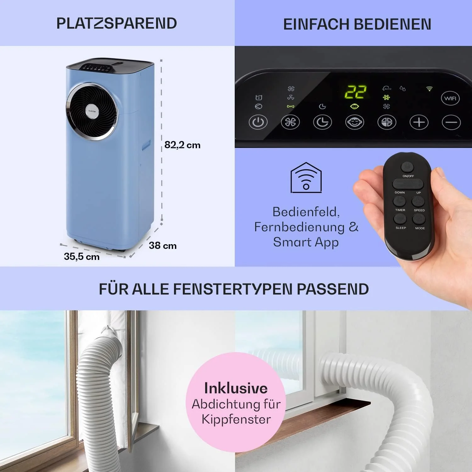 Klarstein Mobile Klimaanlage mit Abluftschlauch, 5-in-1 Klimagerät, Ventilator, Luftentfeuchter, Luftreiniger & Nachtmodus, App-Steuerung, Kleine & Portable, für Wohnung & Büro, 12000 BTU
