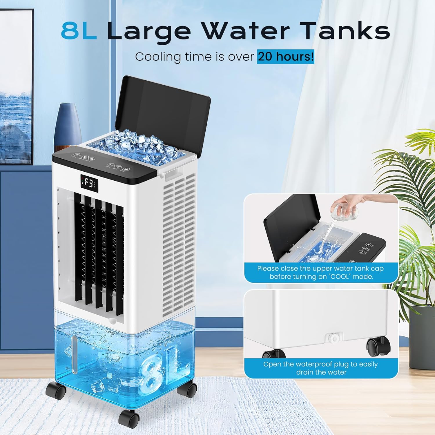 Klimaanlage Mobil Ohne Abluftschlauch, 4 IN 1 Verdunstungskühler Wassertank Leiser Luftkühler Schlafmodus 4 Modi 3 Geschwindigkeiten 60/120° Oszillation 1-12h Timer 4 Kühlakku für Zuhause Schlafzimmer