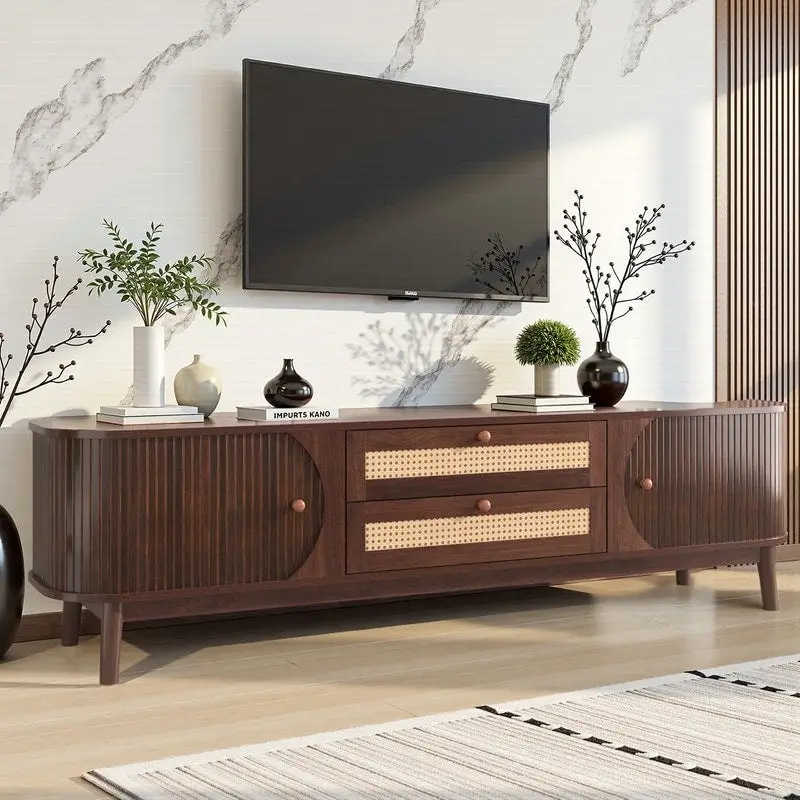 Rattan Media Console TV Stand for TVs Up to 75 Inches with Sturdy Solid Wood Legs