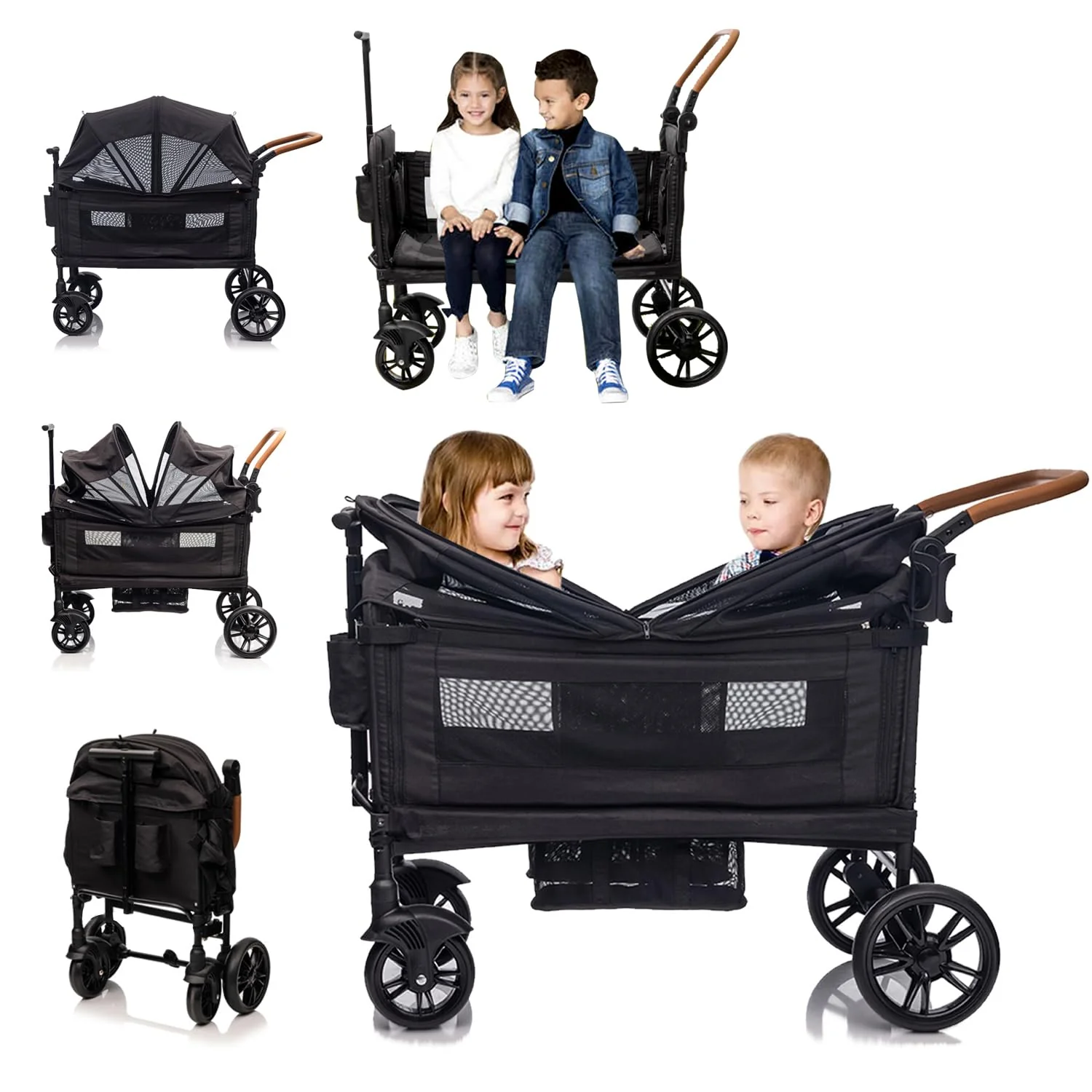 Wagon Stroller for 2 Kids & Cargo-Travel Stroller Push-Pull Double Wagon Lightweight Folding Stroller for Newborn&Toddler with 5-Point Harness,Adjustable Handle Bar and Canopy,Tray Table,Cup Holder