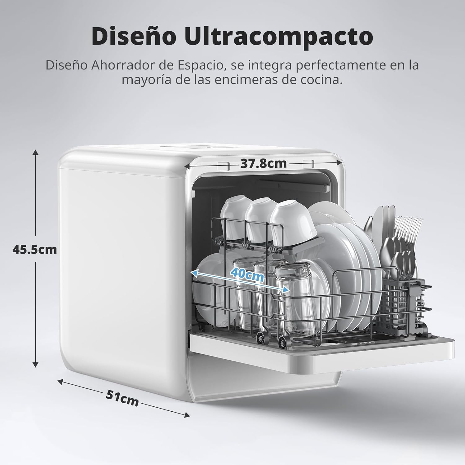 AIRMSEN Lavavajillas de Encimera Mini Lavavajillas con Tanque de 5L, 7+2 Programas Diseño Ultra Estrecho (37x50cm) y Gran Profundidad Lavavajillas Compacto Rociado Dual 360° Blanco (Blanco)
