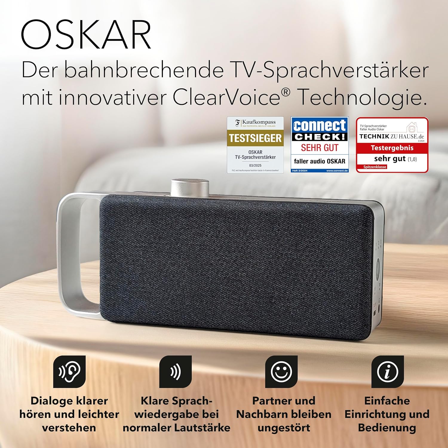faller Oskar TV Lautsprecher/Soundbar mit Clear Voice (tragbar, kabellos, einfache Bedienung, Aluminiumgehäuse)