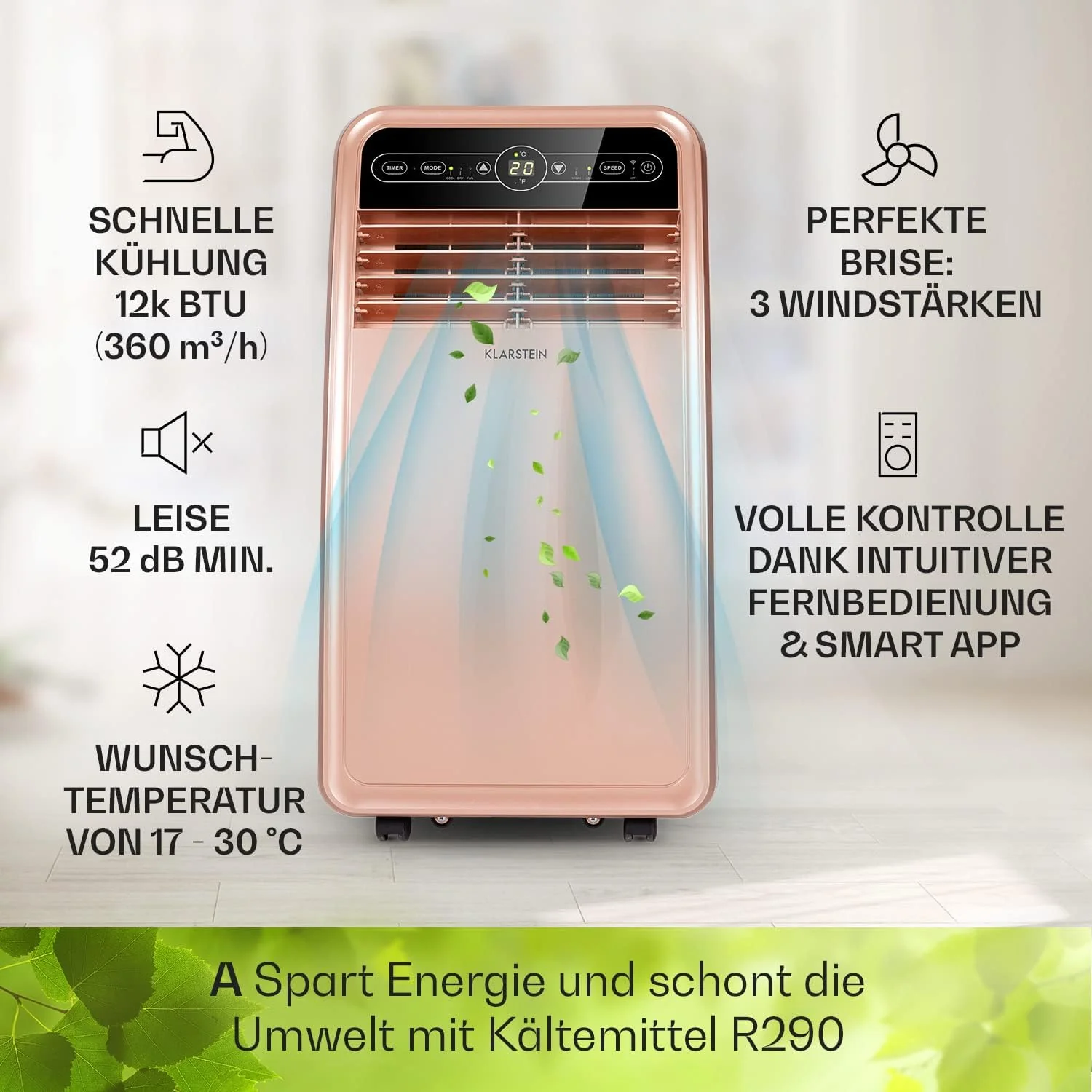 Klarstein Mobile Klimaanlage mit Abluftschlauch, 4-in-1 Klimagerät mit Ventilator, Luftentfeuchter & Nachtmodus, Kleine & Portable Klimaanlage für Wohnung & Büro, Niedriger Verbrauch, 9000 BTU