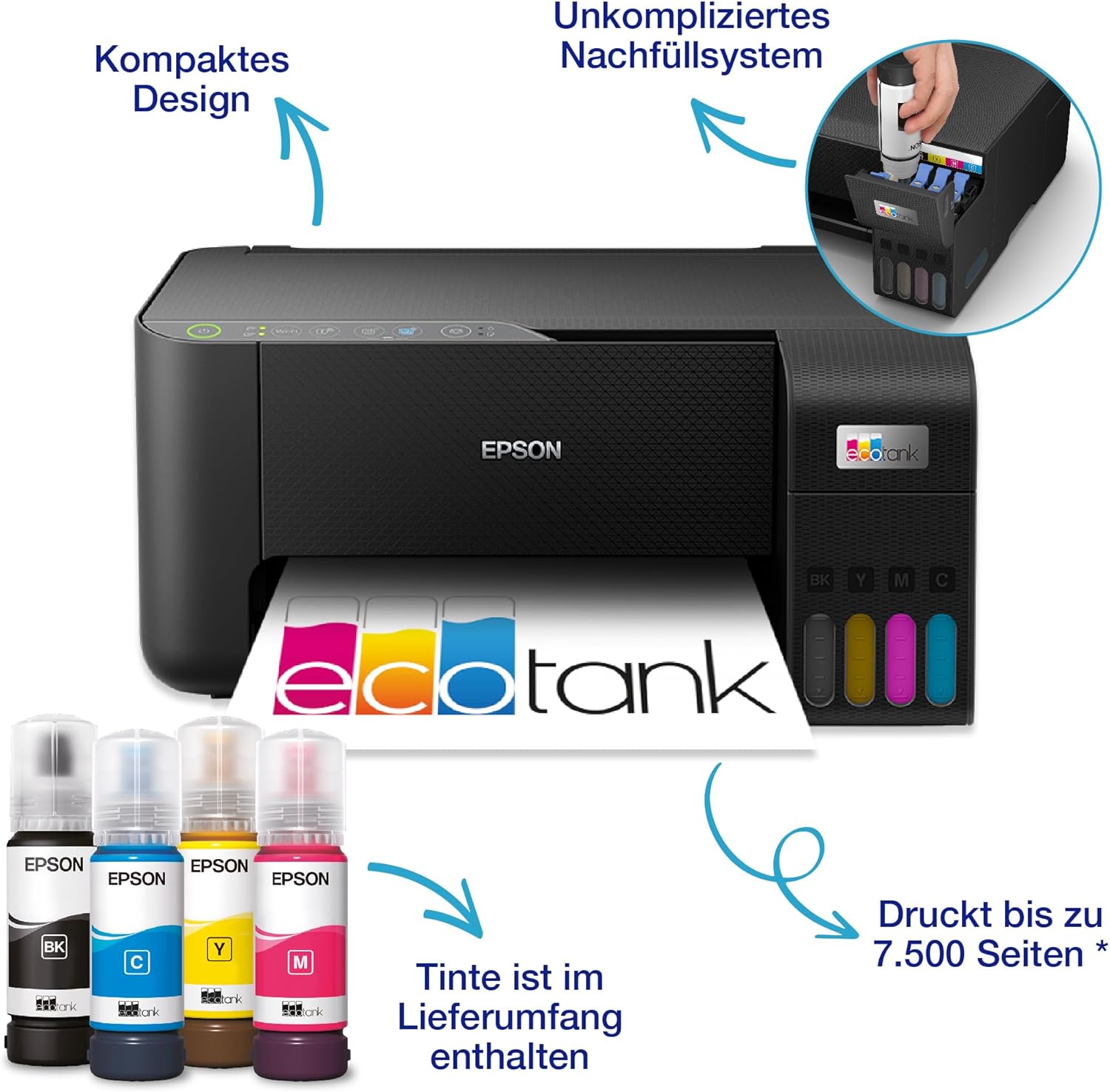 EcoTank ET-2862 Multifunktionsdrucker 3-in-1 A4, nachfüllbare Tanks, hohe Kapazität, 4 Flaschen enthalten 4500 Seiten B/N 7500 Seiten, Farbe, LCD-Display, USB, Wi-Fi/Direct beidseitig, Schwarz