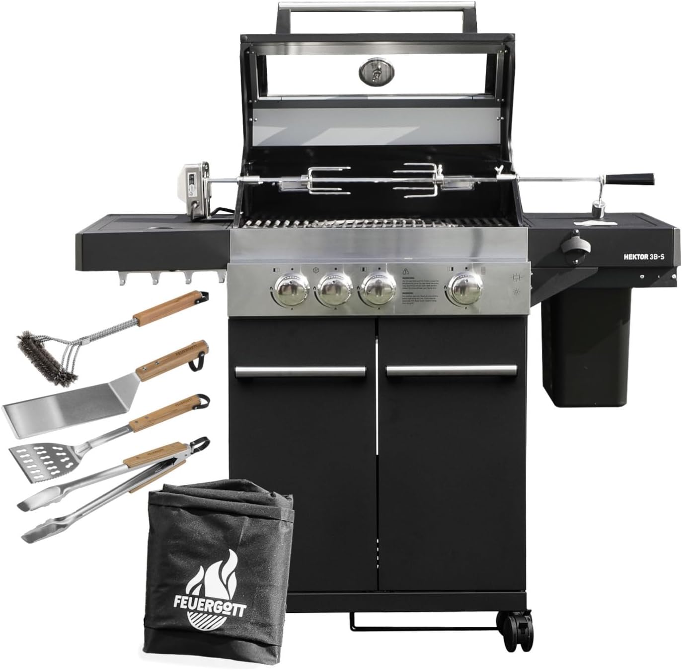 Gasgrill Hektor 3B-S inkl. Drehspieß, Abdeckhaube - All Inclusive mit 4 Grill-Utensilien - 3 Brenner, Sear-Brenner, Gusseisenroste, Seitenkocher für Garten und Terrasse