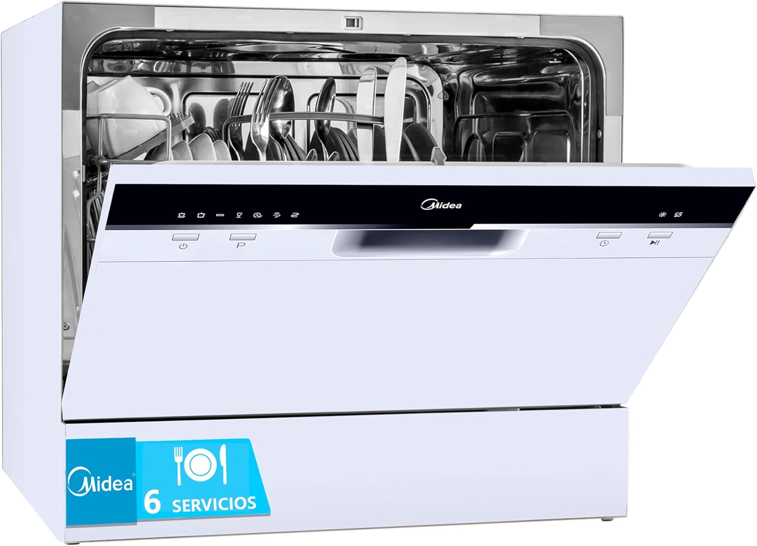 Midea Small White Dishwasher 55 cm for 6 Services - Compact and Portable Dishwasher without Installation - Dishwasher with Eco Saving Program, Antibacterial Filter and Hourly Schedule