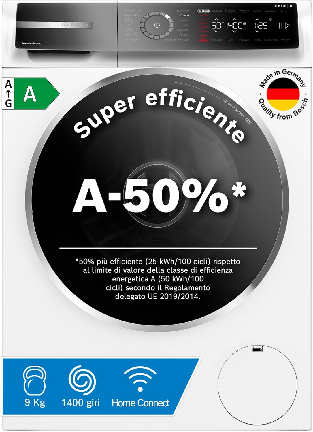 WGB24402IT Serie 8 Lavatrice smart a carica frontale, 9 kg, 1400 giri, Efficienza energetica A -50%, motore inverter con 10 anni di garanzia, riduce le pieghe, Bianco, 60 Cm