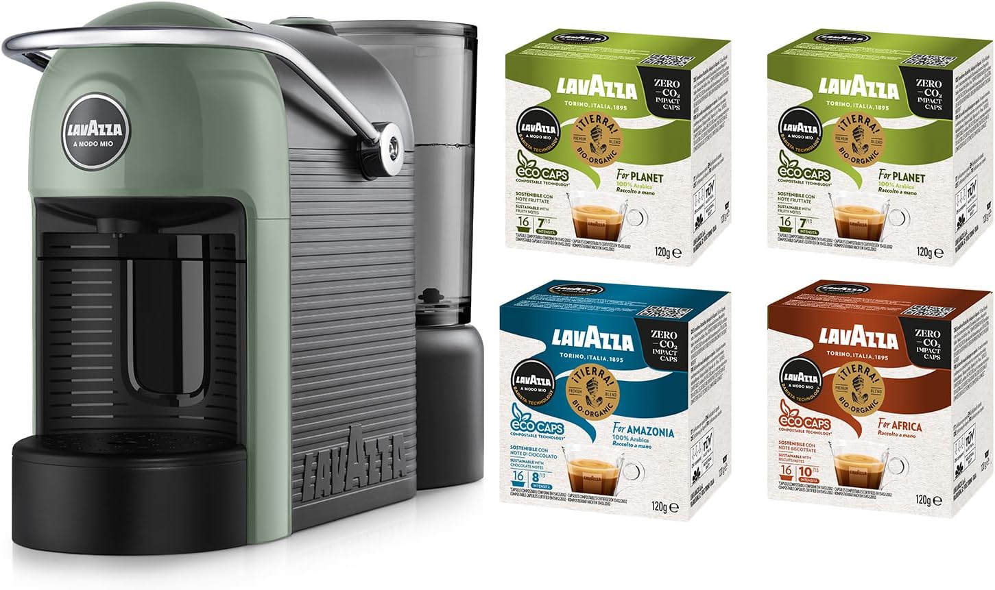 Lavazza A Modo Mio Jolie Evo, Macchina per Caffè Realizzata con 36% di Plastica Riciclata, Macchina Espresso con 64 Capsule Lavazza A Modo Mio Tierra Assortite Incluse, Verde