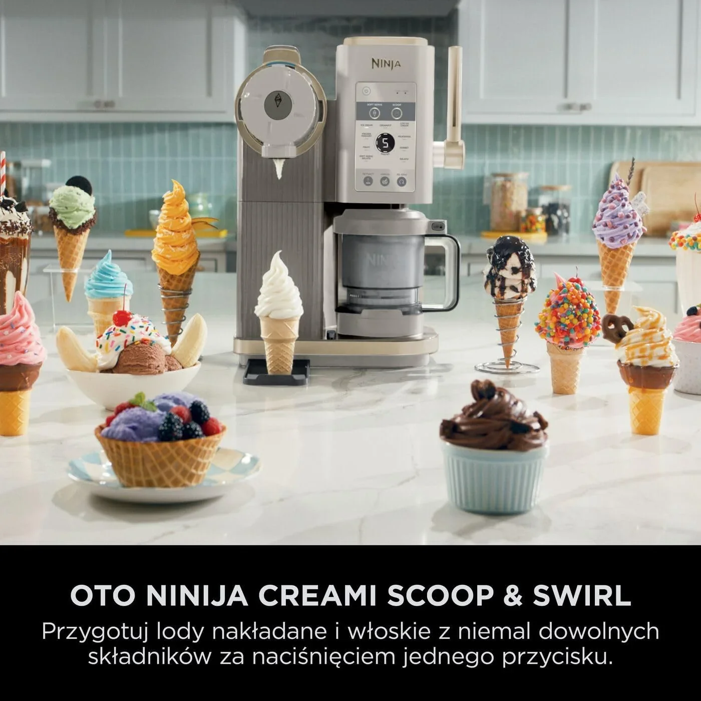 Ninja CREAMi Scoop and Swirl Maszyna do lodów z 2 pojemnikami, 13 funkcji, przygotowuje lody, lody włoskie, gelato, koktajle mleczne i inne desery, opcja dodatków, kamienne złoto, NC701EUSTGD