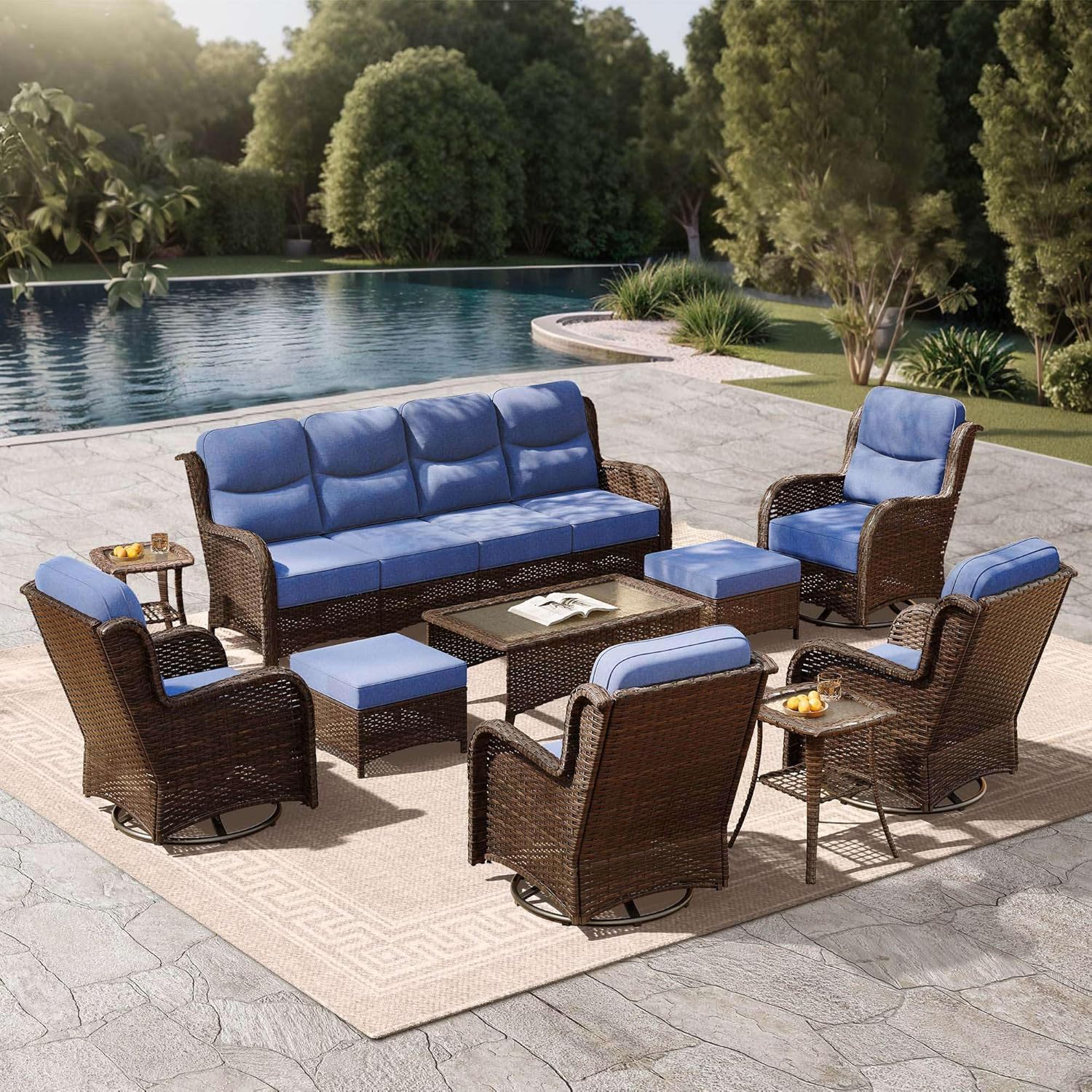 Outdoor Swivel Rocker Patio Chairs with 6-Inch Thick Cushions and Side Table, 3PCS High Back Wicker Patio Furniture Set for Porch, Balcony, Deck and Yard in Blue