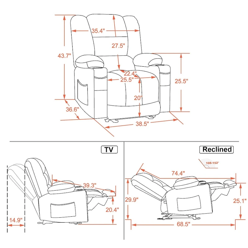 MCombo Electric Power Recliner Chair with Heat and Massage, Fabric 6079/PR670