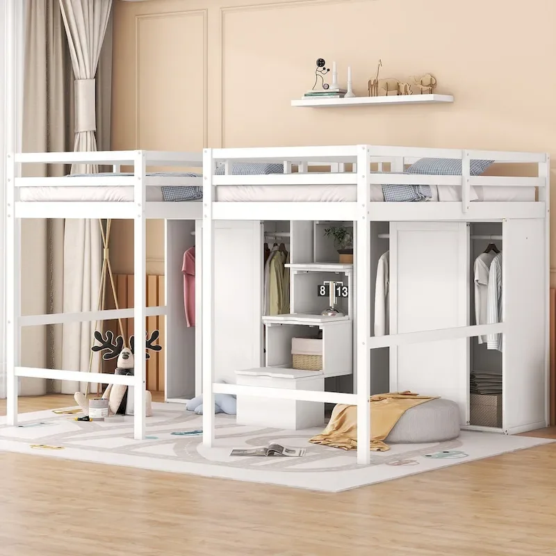 Double Twin Loft Beds with Wardrobes and Staircase