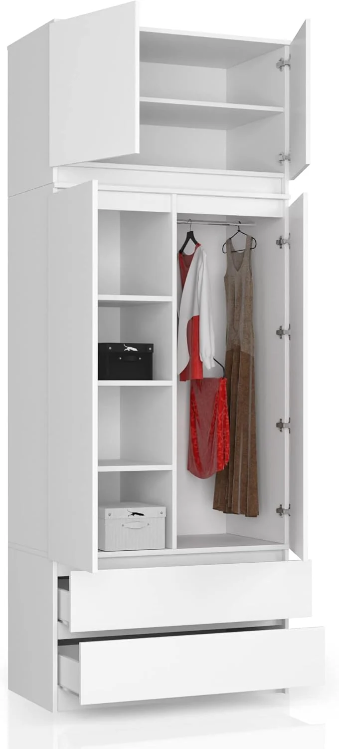 Armario BDW con 4 puertas, 4 estantes, barra para colgar ropa y 2 cajones – Armario de almacenamiento – Armario moderno para dormitorio, salón o recibidor – 234 x 90 x 51 cm – Blanco 2026