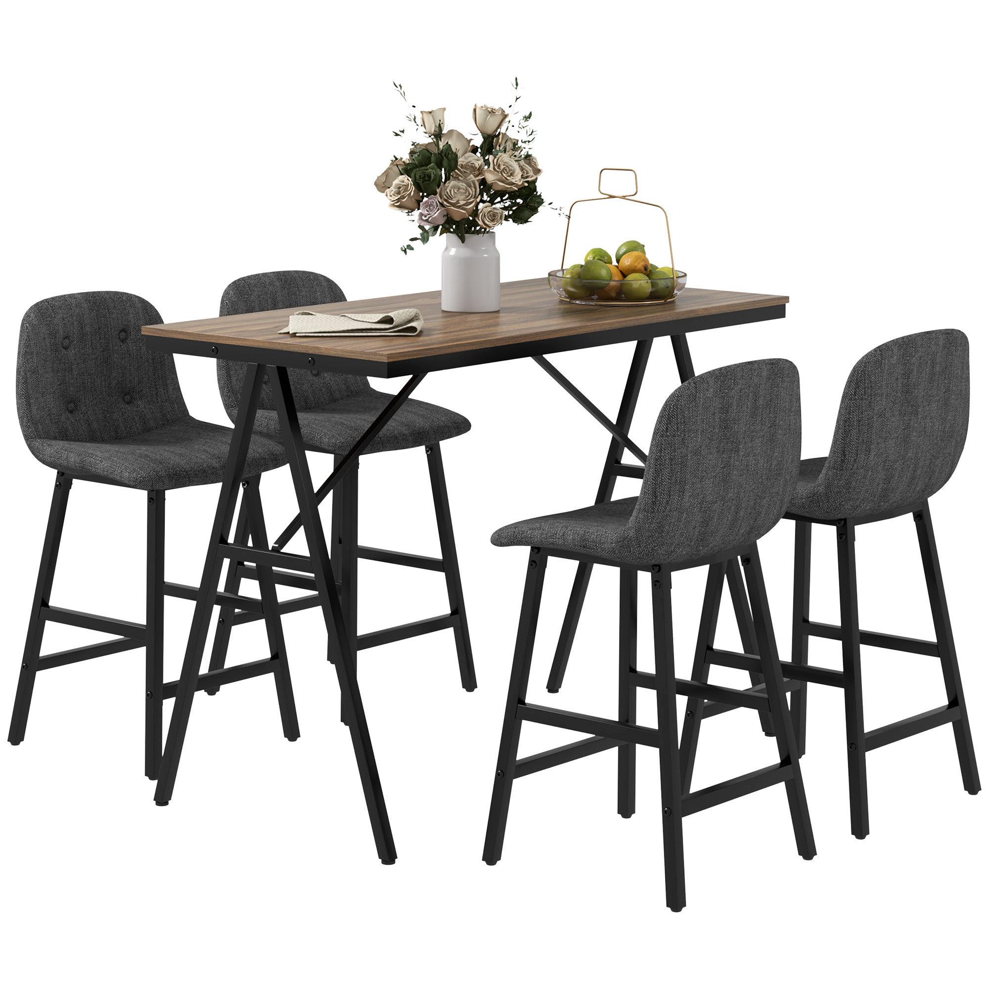HOMCOM 5-delige Bargarnituur, Tafel en 4 Stoelen, Knoopafwerking, Dikke Bekleding, Linnenlook, Donkergrijs