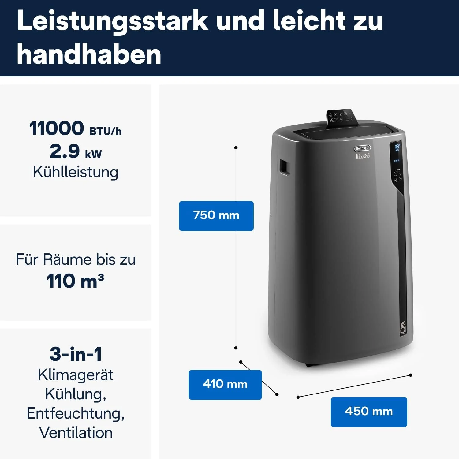 De'Longhi Pinguino PAC EL112 CST Condizionatore Portatile con Tubo, Climatizzatore per Ambienti Fino a 110 m³, Deumidificatore, Funzione Ventilazione, Timer 24h, Nero