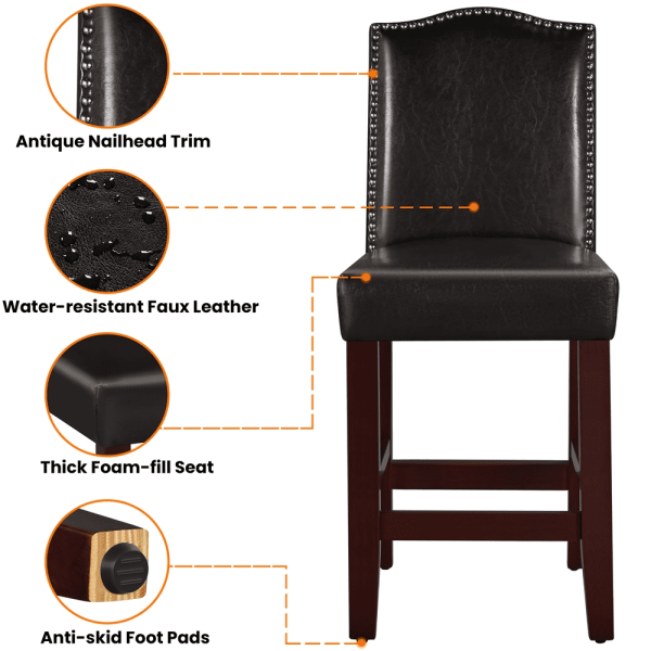 25.5 H Leather Counter Height Bar Stools Fullback, 2pcs, Brown