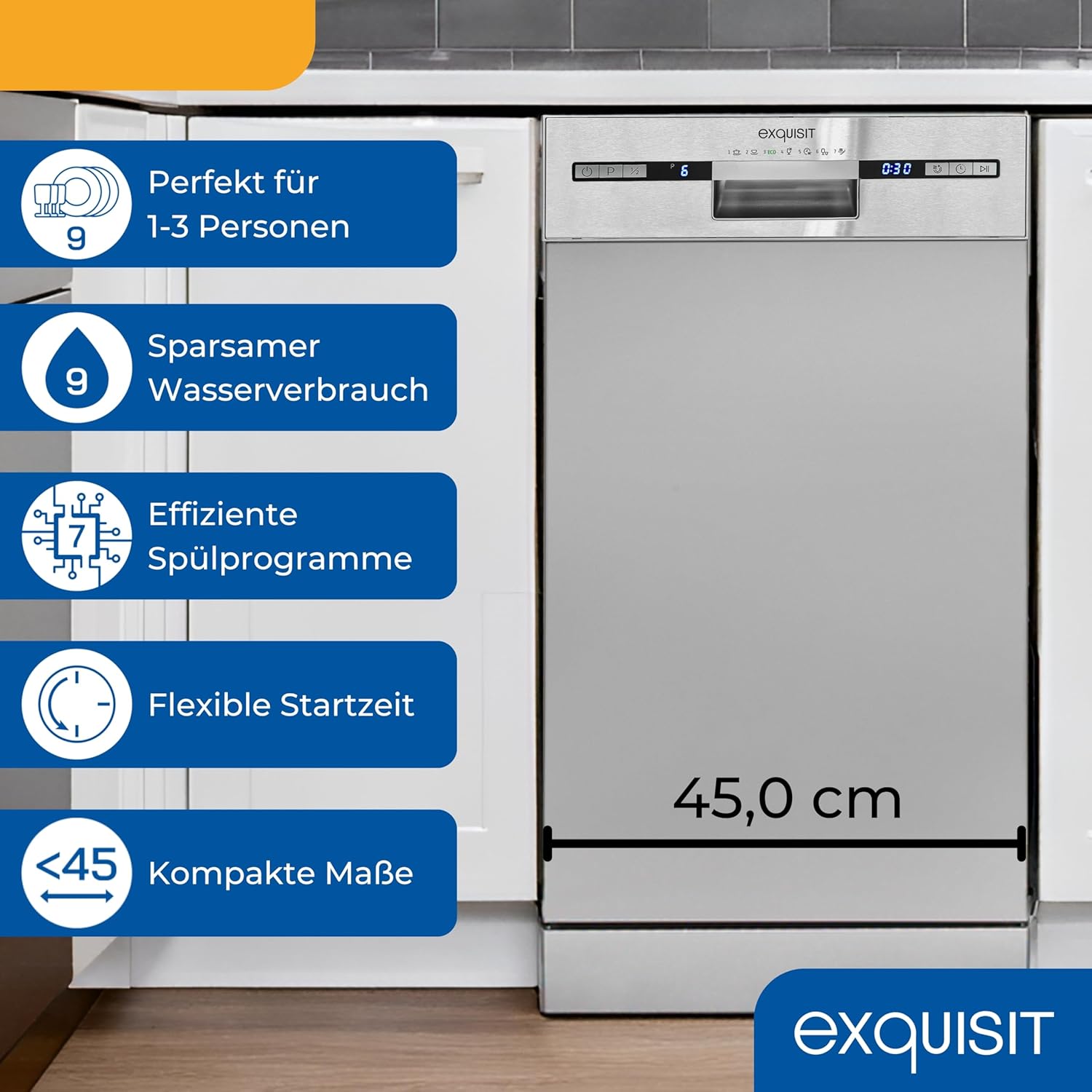 Exquisit Geschirrspüler, 9 Maßgedecke, Spülmaschine 45 cm, Power+, ECO-Modus, Geschirrspüler 45 cm, GSP59109-030E silber