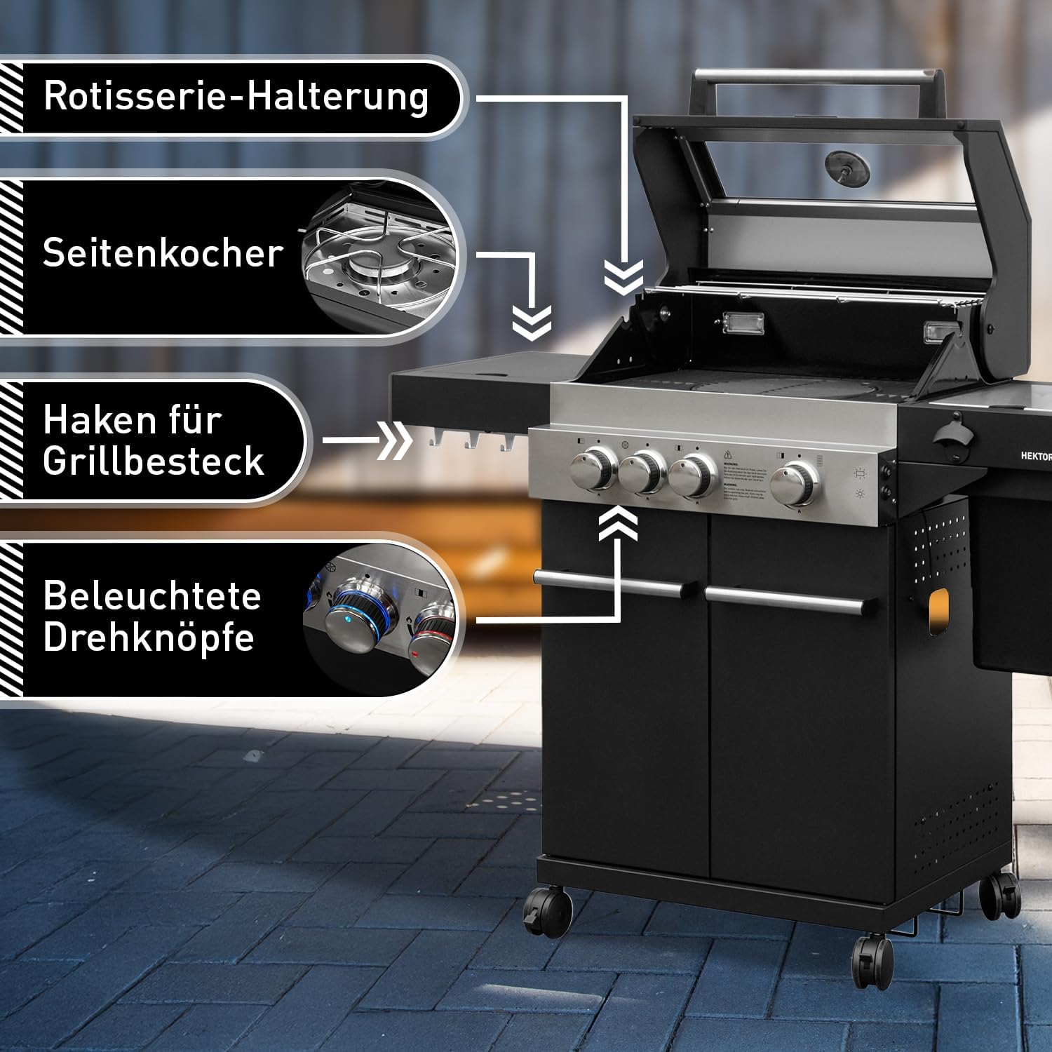 Gasgrill Hektor 3B-S inkl. Drehspieß, Abdeckhaube - All Inclusive mit 4 Grill-Utensilien - 3 Brenner, Sear-Brenner, Gusseisenroste, Seitenkocher für Garten und Terrasse