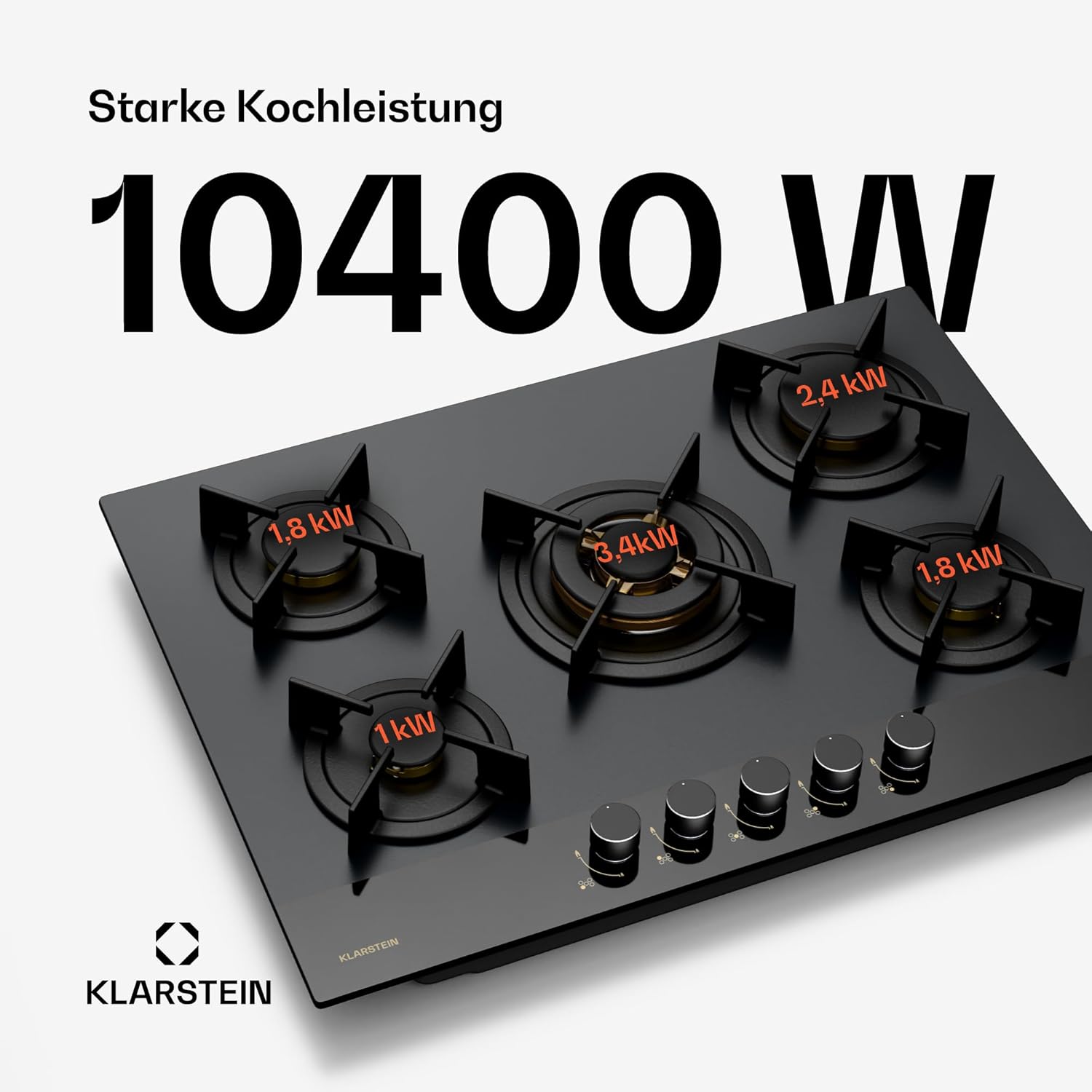 Klarstein Gasherd, Gaskochfeld 5 Flammen, Einbau-Gaskocher für Zuhause & Wohnmobil, Campingkocher mit Glasplatte, Gasherd für Propan- und Erdgas, Edelstahl Gas-Herdplatte Wok Brenner 10400 Watt