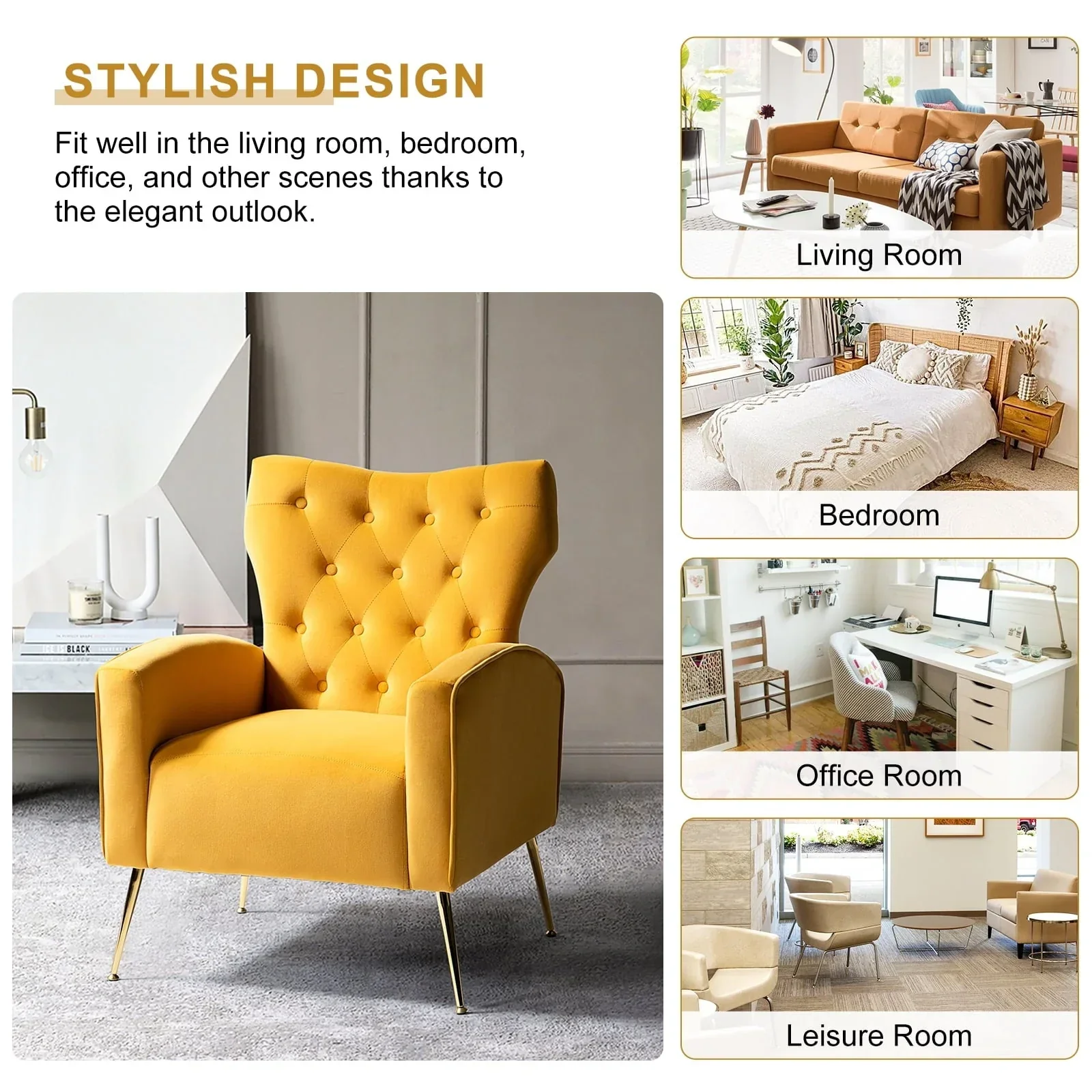 14 Karat Home Fall Home Decor Velvet Accent Chair Button Tufted Metal Legs Adult Living Room Mustard