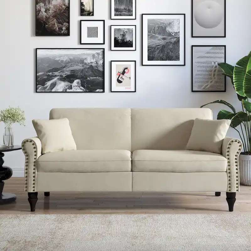 Upholstered Loveseat with Rolled Arms and 73 Nailhead Trim
