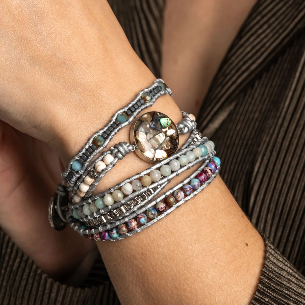 Wikkelarmband Abalone Fragmenten - Amazoniet & Howliet