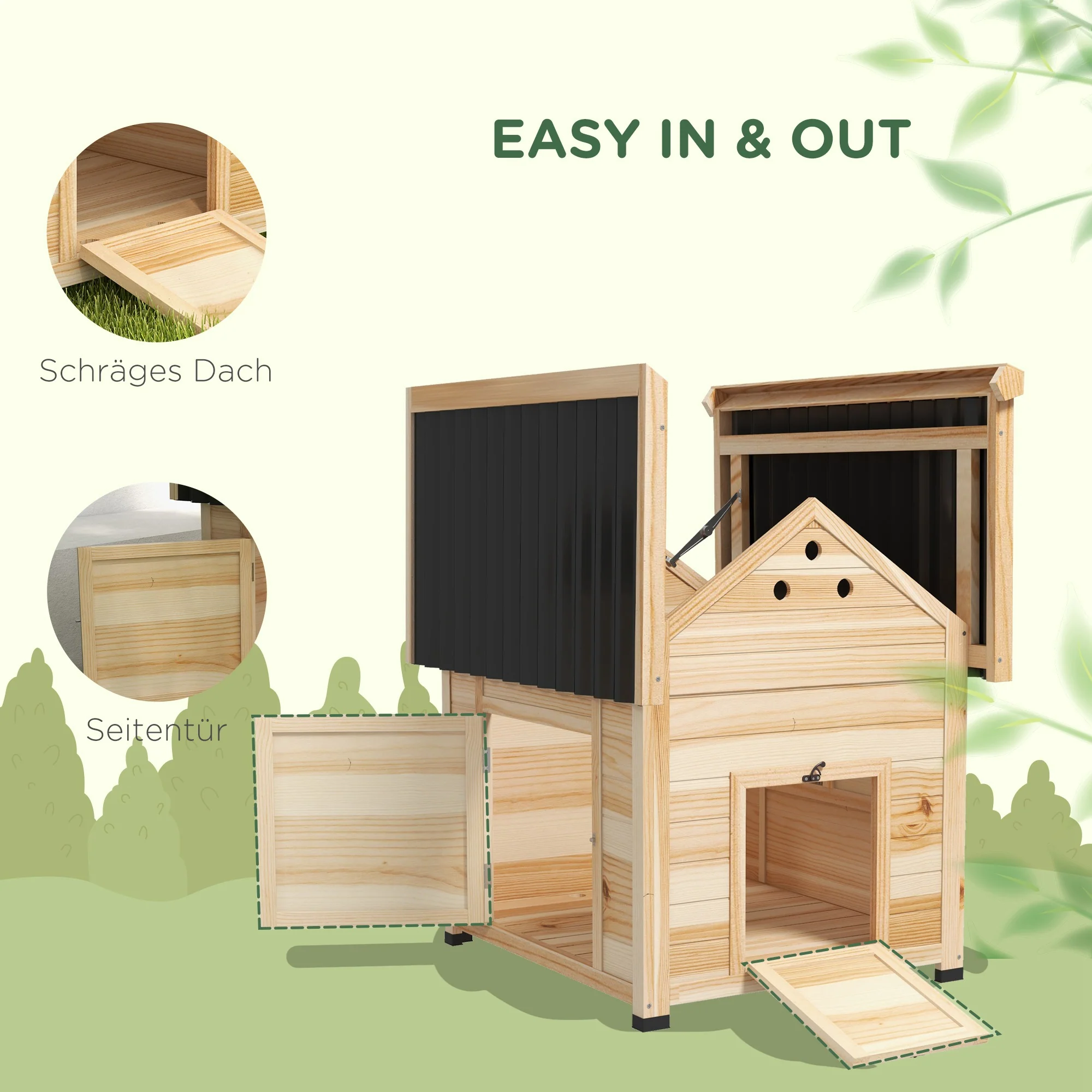 PawHut Entenhaus Eendenhok Kleindierenhok, weerbestendig, 2 ingangen, 2 hellingen, 78 x 90 x 92 cm, 'Natuur + Zwart'